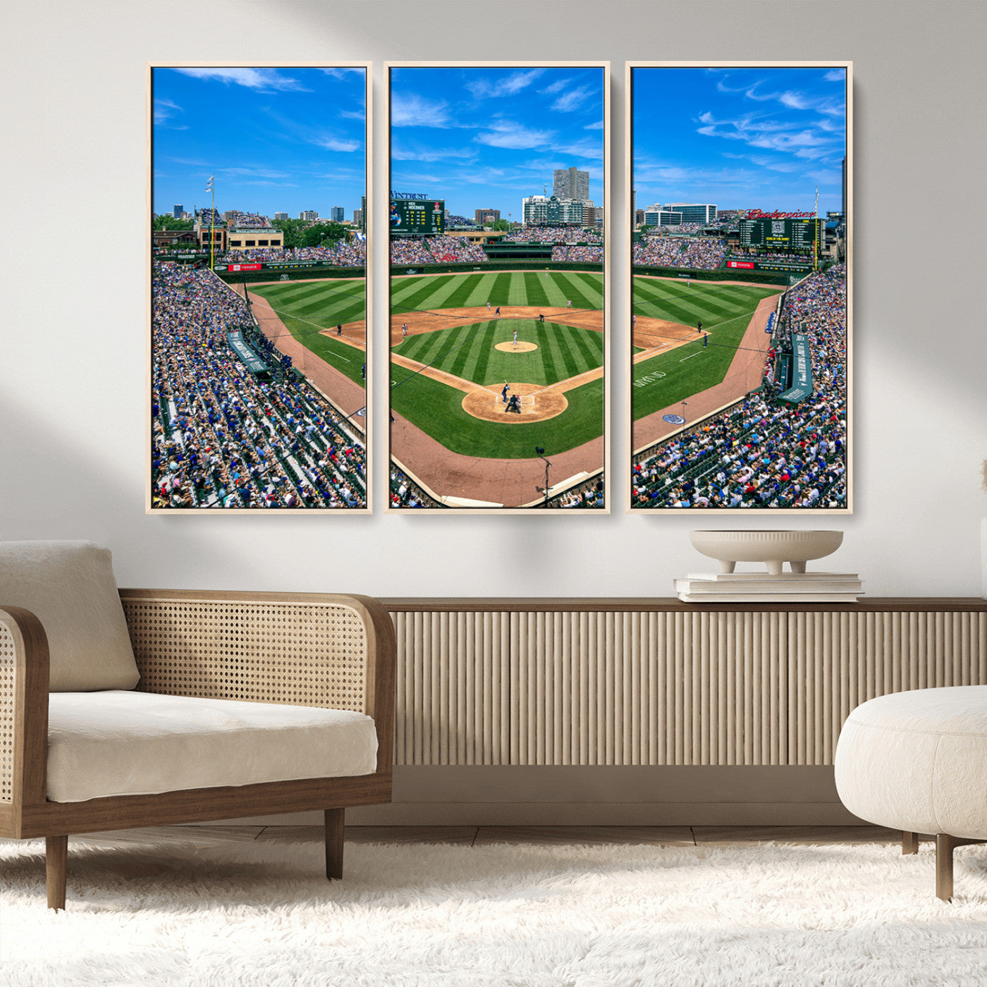MGV-FC-48X32-3P - Framed Wrigley Field Chicago Cubs Print, Panoramic Multi Piece Canvas Wall Art - Iconic Baseball