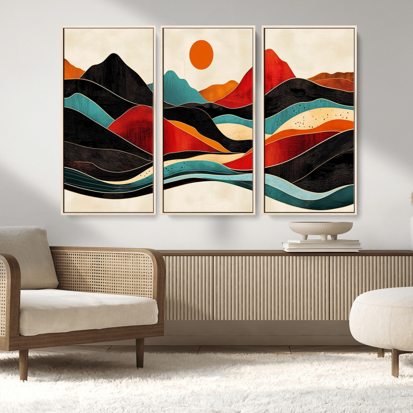 MGV-FC-48X32-3P - Western Wall Decor - Large Triptych Mountain Canvas - Boho Woodland Wall Art Print - Framed