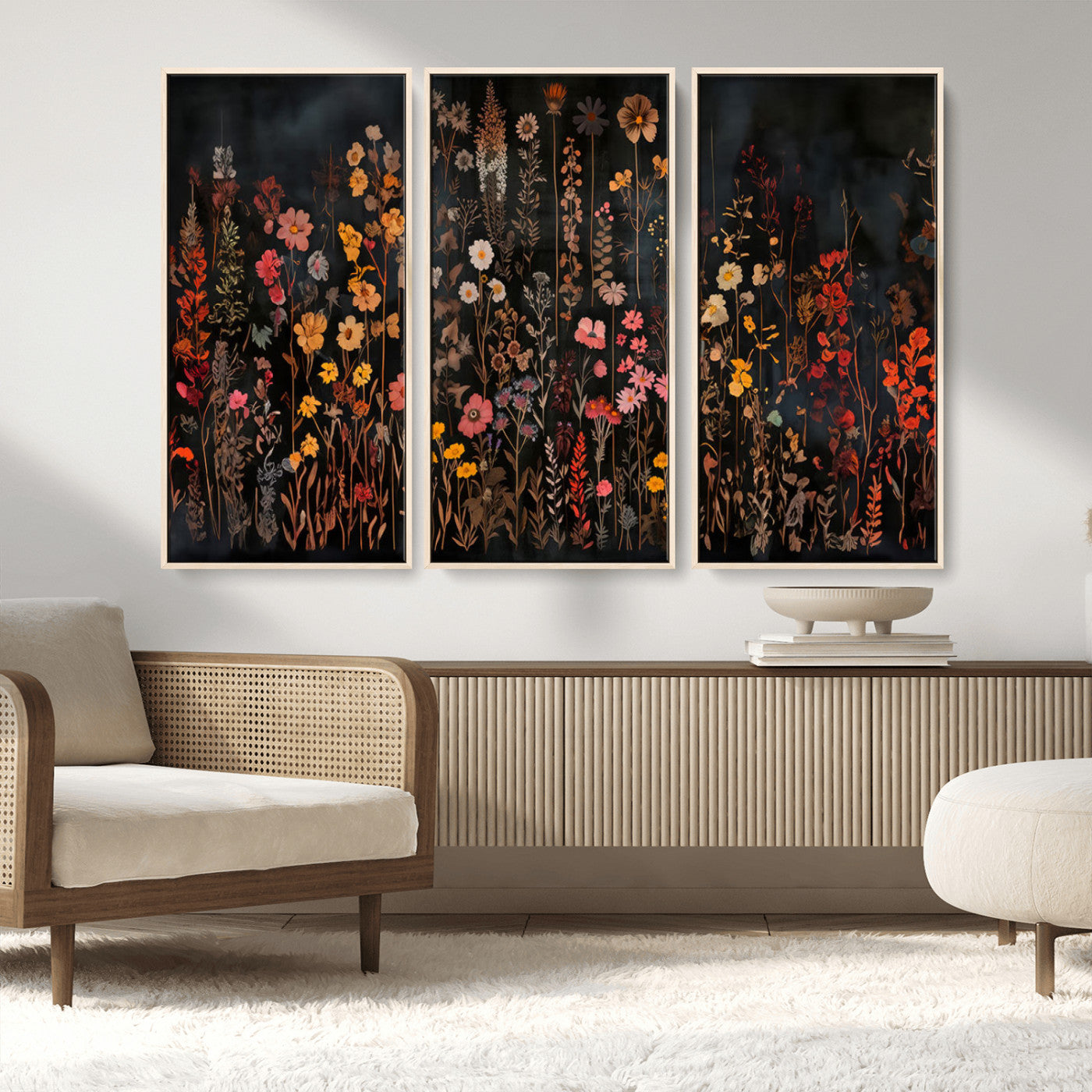 MGV-FC-48X32-3P - Dark Floral Canvas Wall Art - Moody Botanical Flower Print - Rustic Floral Wall Decor for Home -