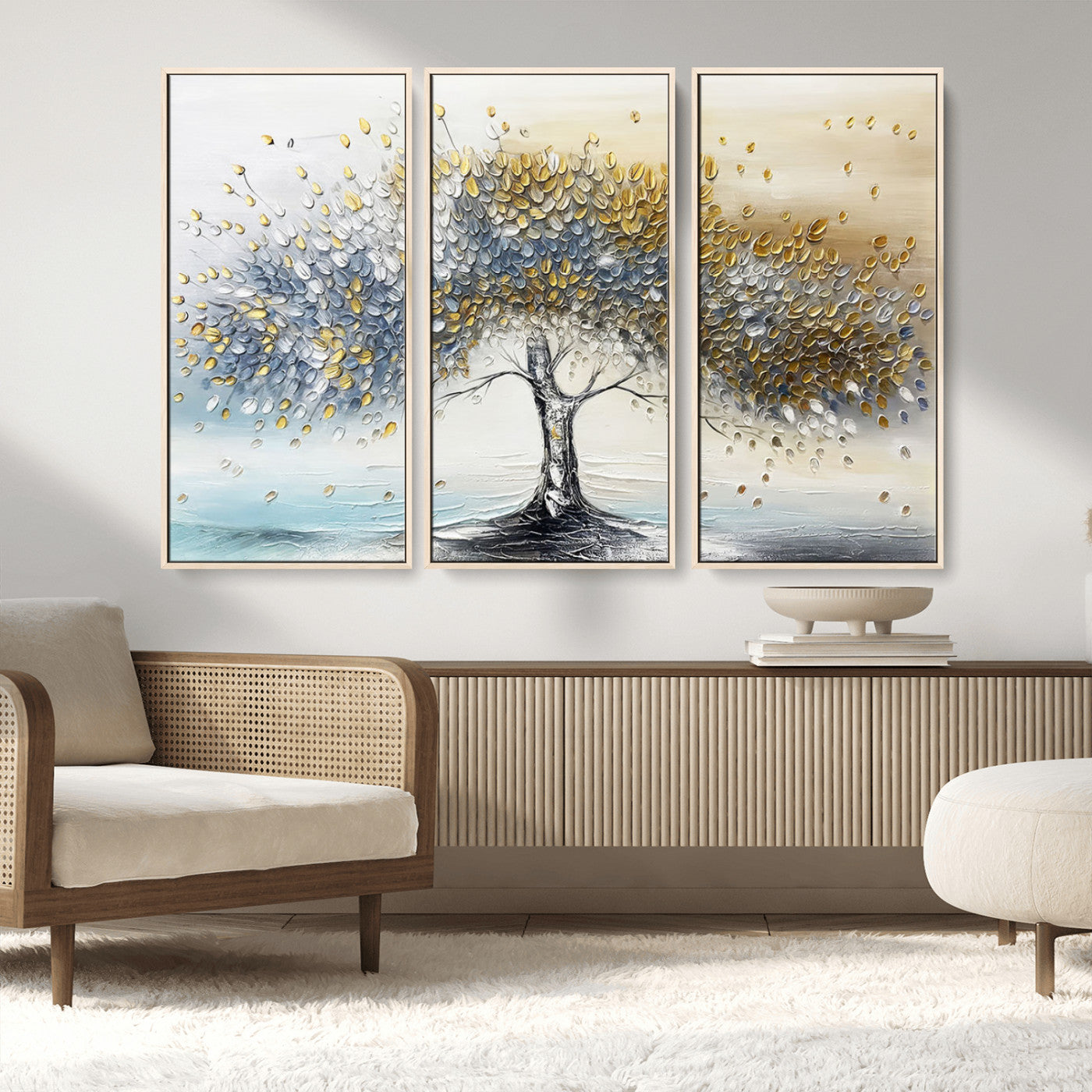 An elegant impasto painting featuring a tree with shimmering silver and gold leaves, blending soft pastels to create a calm and sophisticated atmosphere.