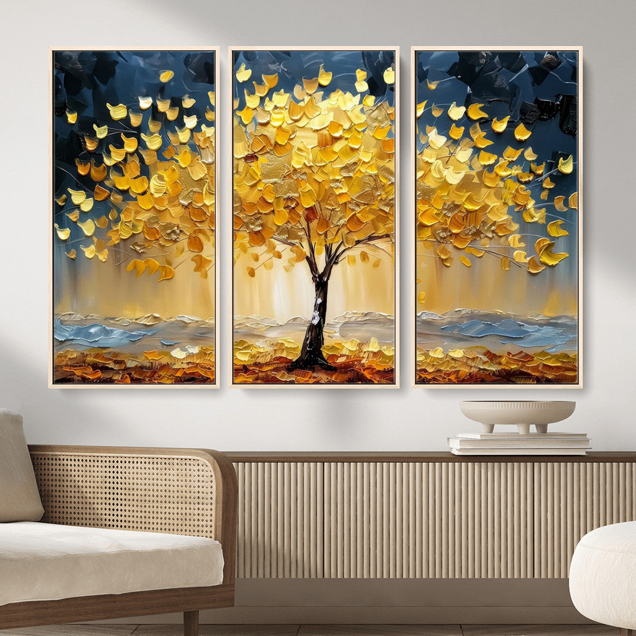 MGV-FC-48X32-3P - Golden Autumn Tree Wall Art – Canvas Print of Vibrant Fall Leaves, Seasonal Nature Scene Beautiful Fall Decor for Home, Office or Guest Room