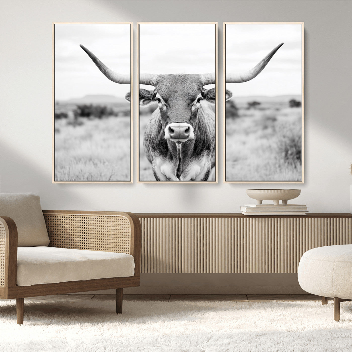 MGV-FC-48X32-3P - Highland Cow Wall Art Print - Black and White Texas Western Longhorn Canvas - Farmhouse Decor Print