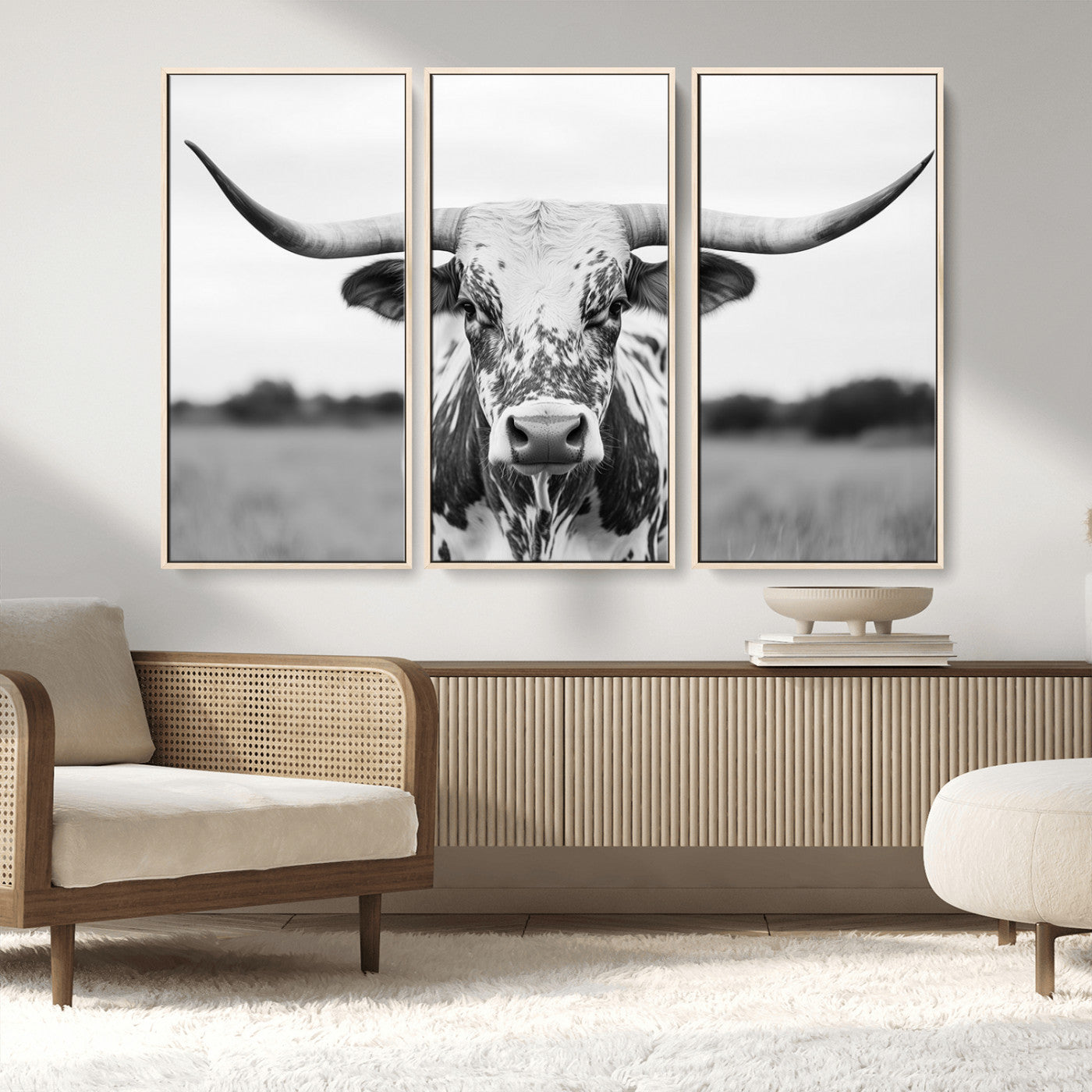 MGV-FC-48X32-3P - Highland Cow Wall Art - Black and White Western Longhorn Canvas Print - Farmhouse Living Room Decor