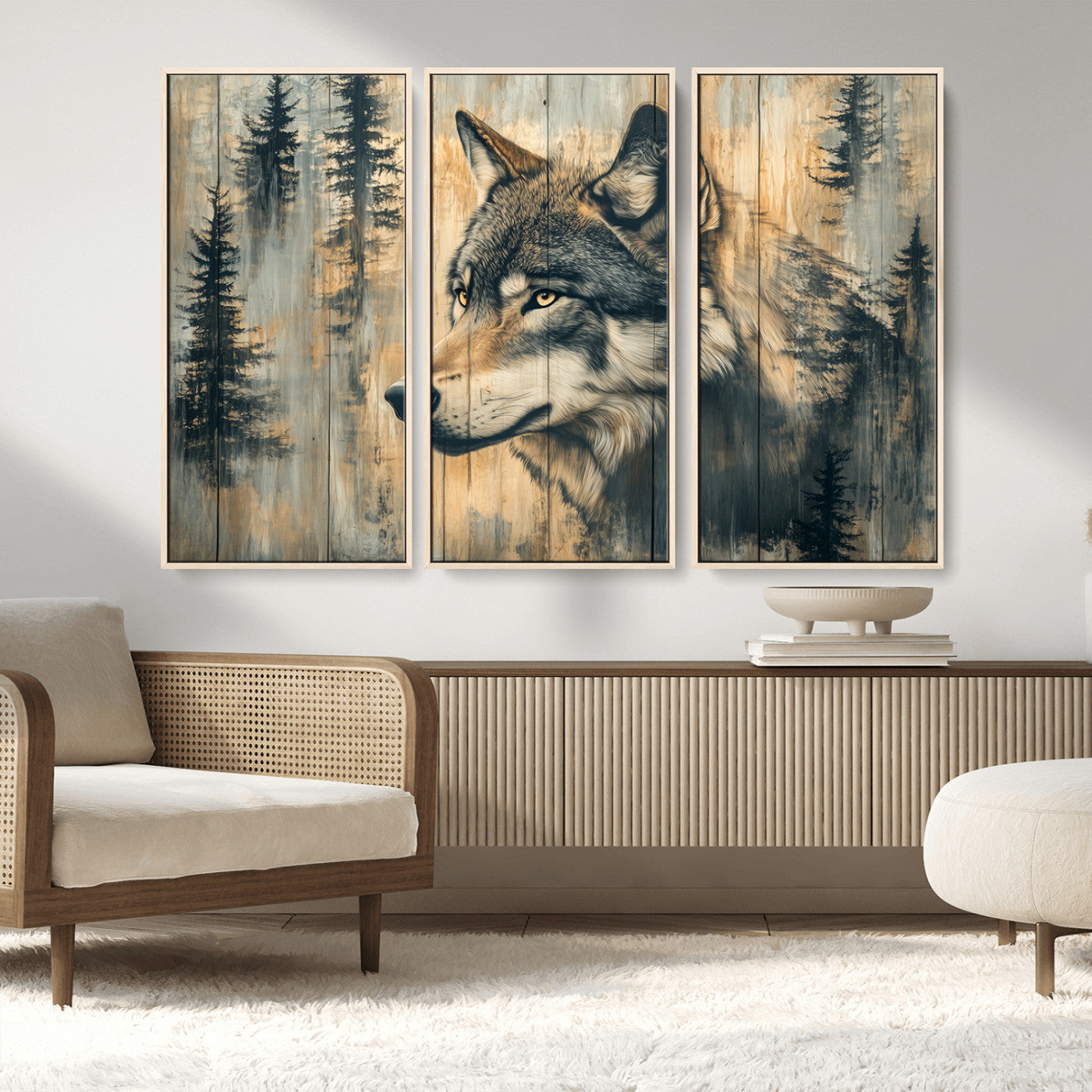 MGV-FC-48X32-3P - Wood Style Rustic Wolf Wall Art Canvas Print, Vintage Woodland Wolf Wall Art, Framed Wood Style Wolf