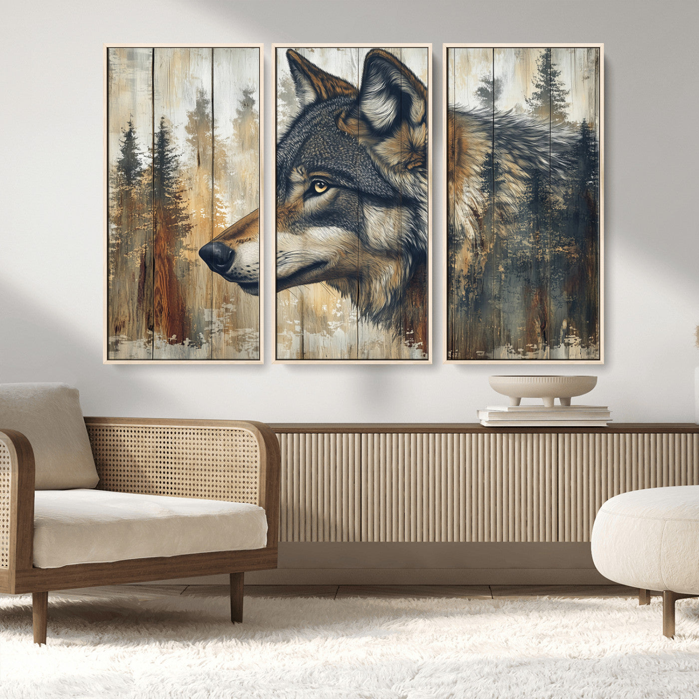 MGV-FC-48X32-3P - Rustic Wolf Wall Art Canvas Print, Vintage Woodland Wolf Wall Art