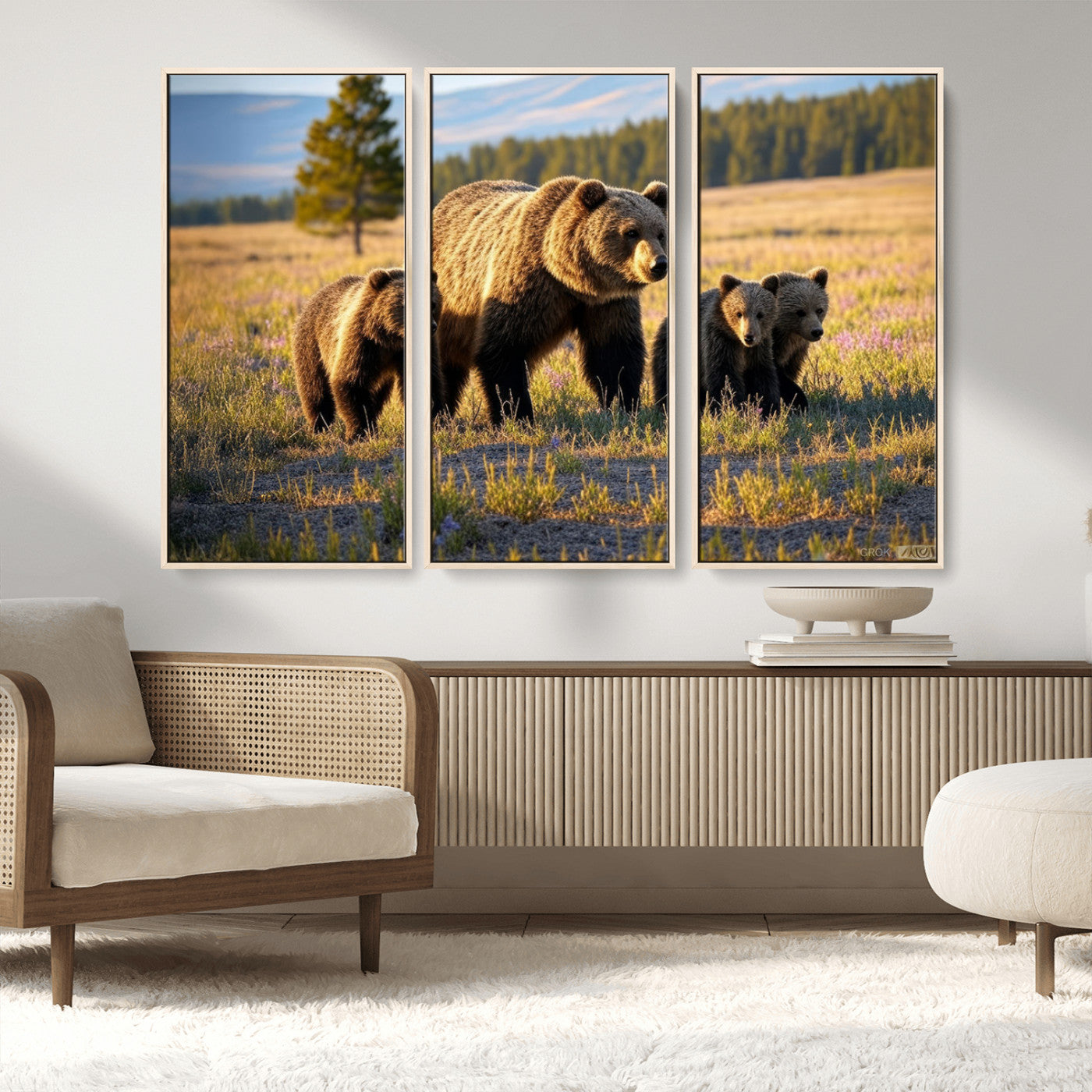 MGV-FC-48X32-3P - Grizzly 399 in Wild Flowers Wall Art Canvas Print, Grizzly Bears Wall Art, Queen of Grand Teton