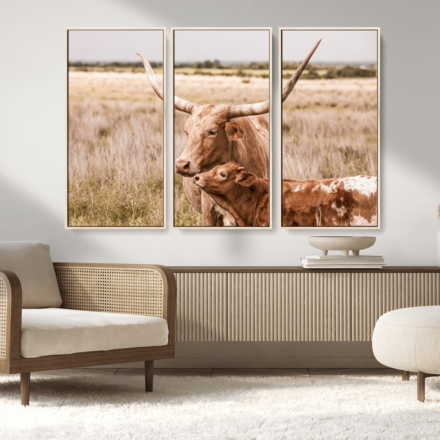 MGV-FC-48X32-3P - Texas Longhorn Cow Wall Art Canvas Print for Farmhouse Wall Art, Texas Decor, Western Wall Art Print