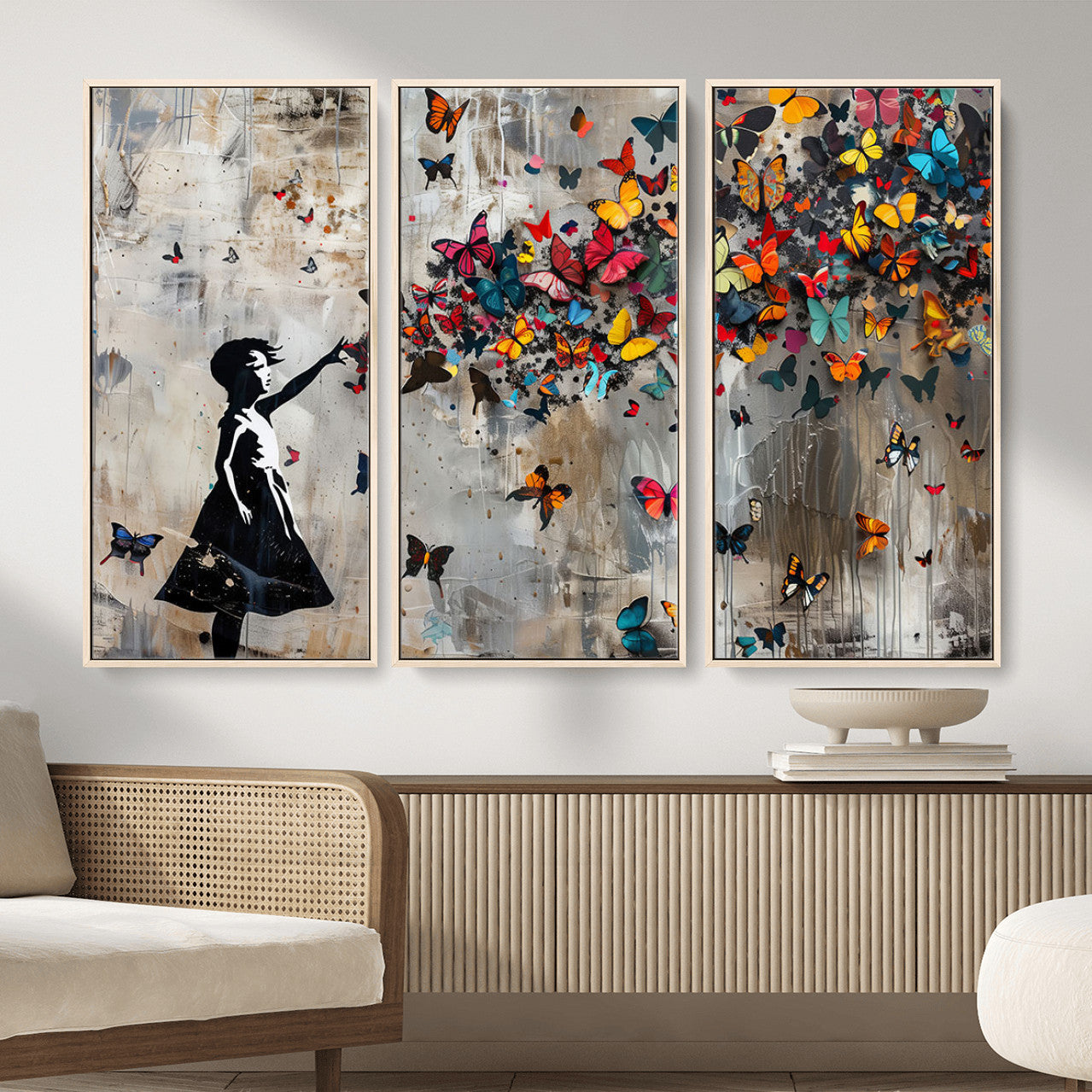 51446-MGV-CV-36X24 - Banksy Butterfly Girl Wall Art | 3-Piece Butterfly Girl Canvas