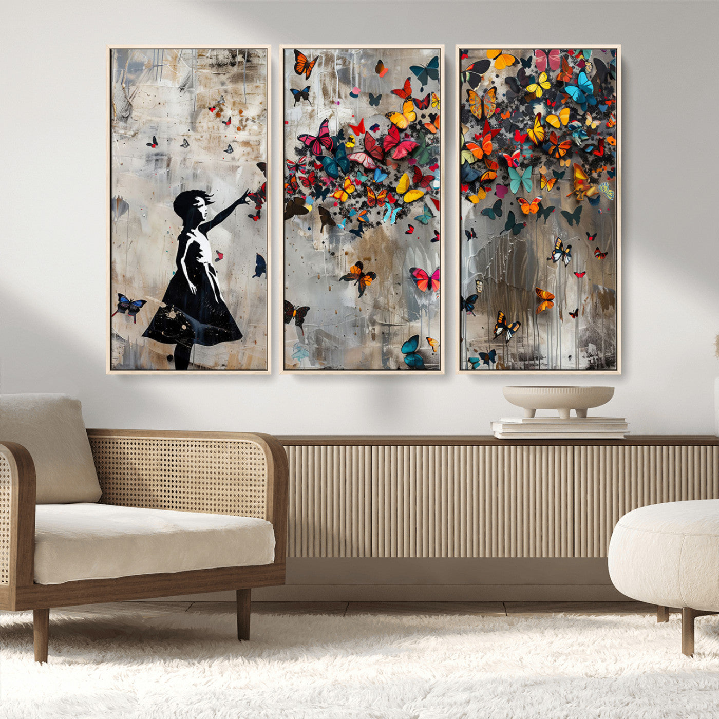 MGV-FC-48X32-3P - Banksy Butterfly Girl Wall Art | 3-Piece Butterfly Girl Canvas