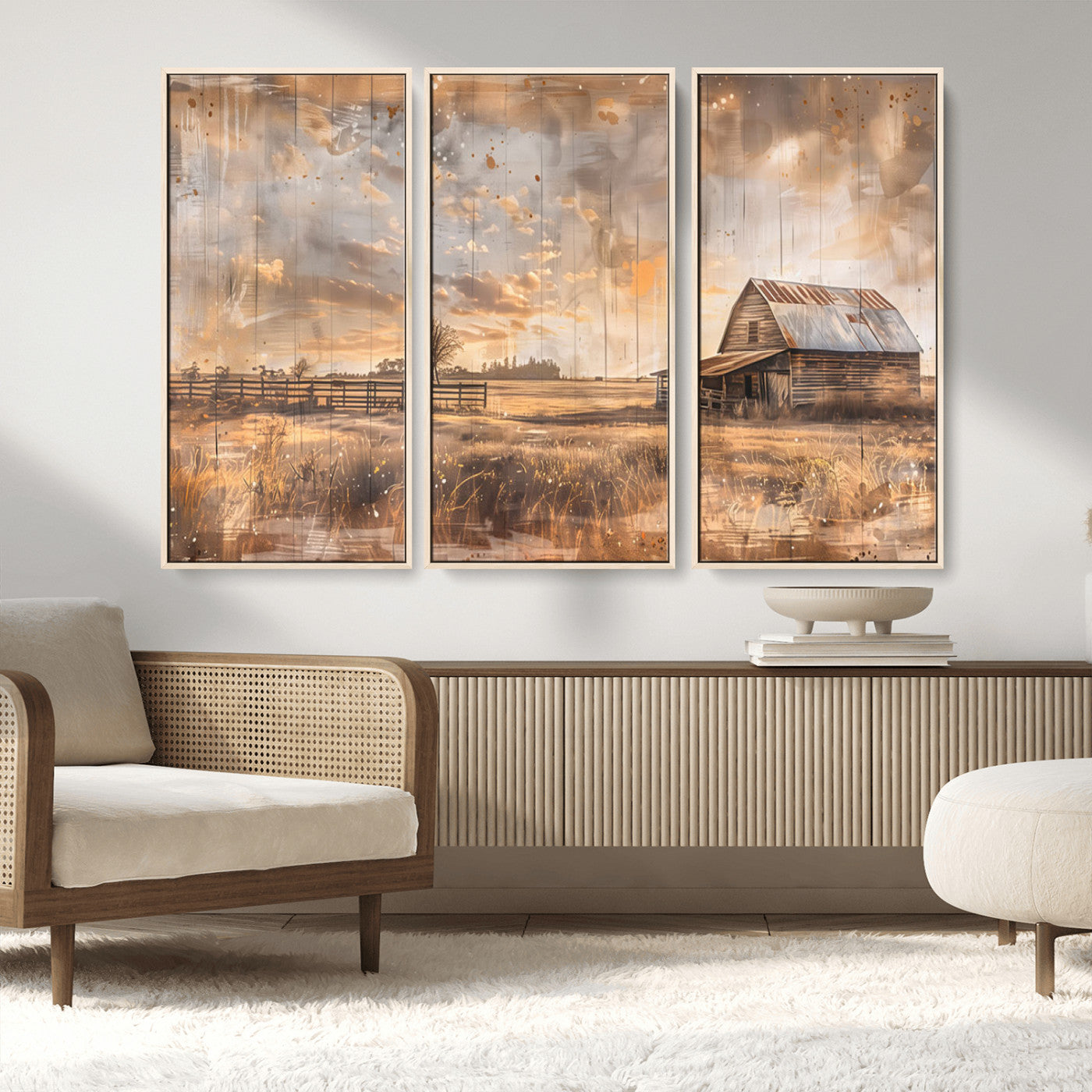 MGV-FC-48X32-3P - Rustic Farmhouse Wall Art Canvas Print | Barn and Field Canvas Print | Vintage Country Landscape
