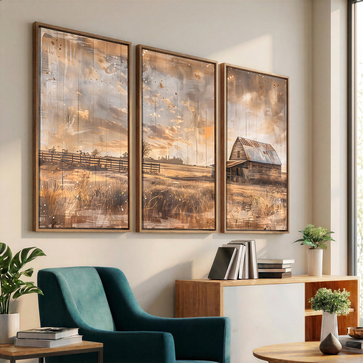 FARM2-MGV-CV-24X16 - Rustic Farmhouse Wall Art Canvas Print | Barn and Field Vintage Country Landscape