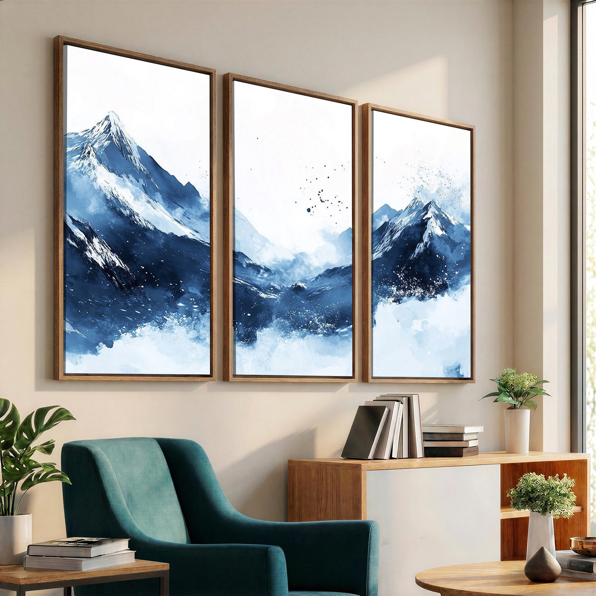 93536-_Poster-30x20 - Abstract Deep Blue Mountain Wall Art Canvas Print, Snowy Blue and White Landscape