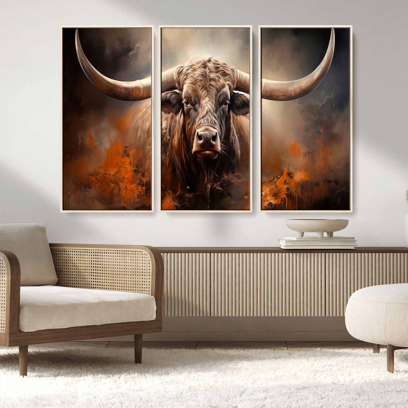 MGV-FC-48X32-3P - Highland Bull Canvas Abstract Canvas Wall Art Print – Powerful Highland Bull with Striking Horns in