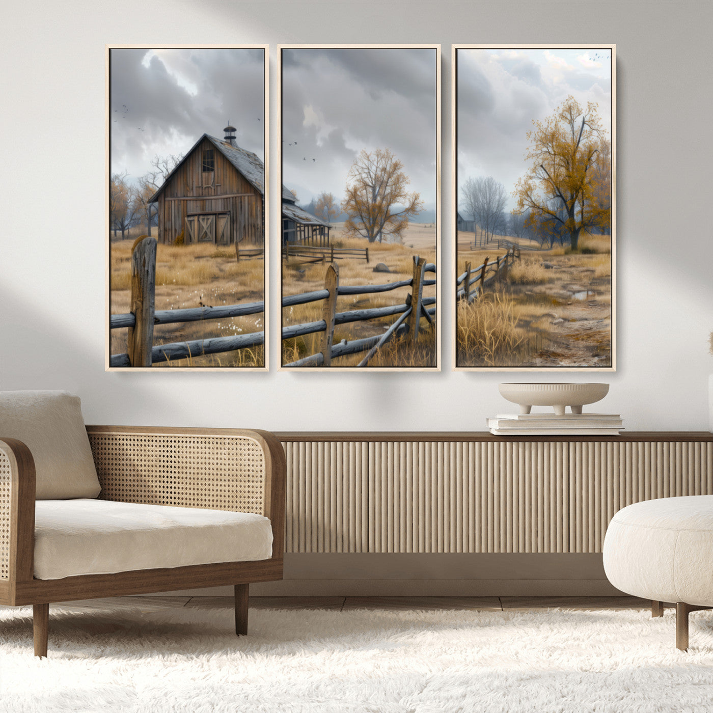 MGV-FC-48X32-3P - Rustic Autumn Farmhouse Wall Art Canvas Print – Serene Countryside Scene with Weathered Barn and
