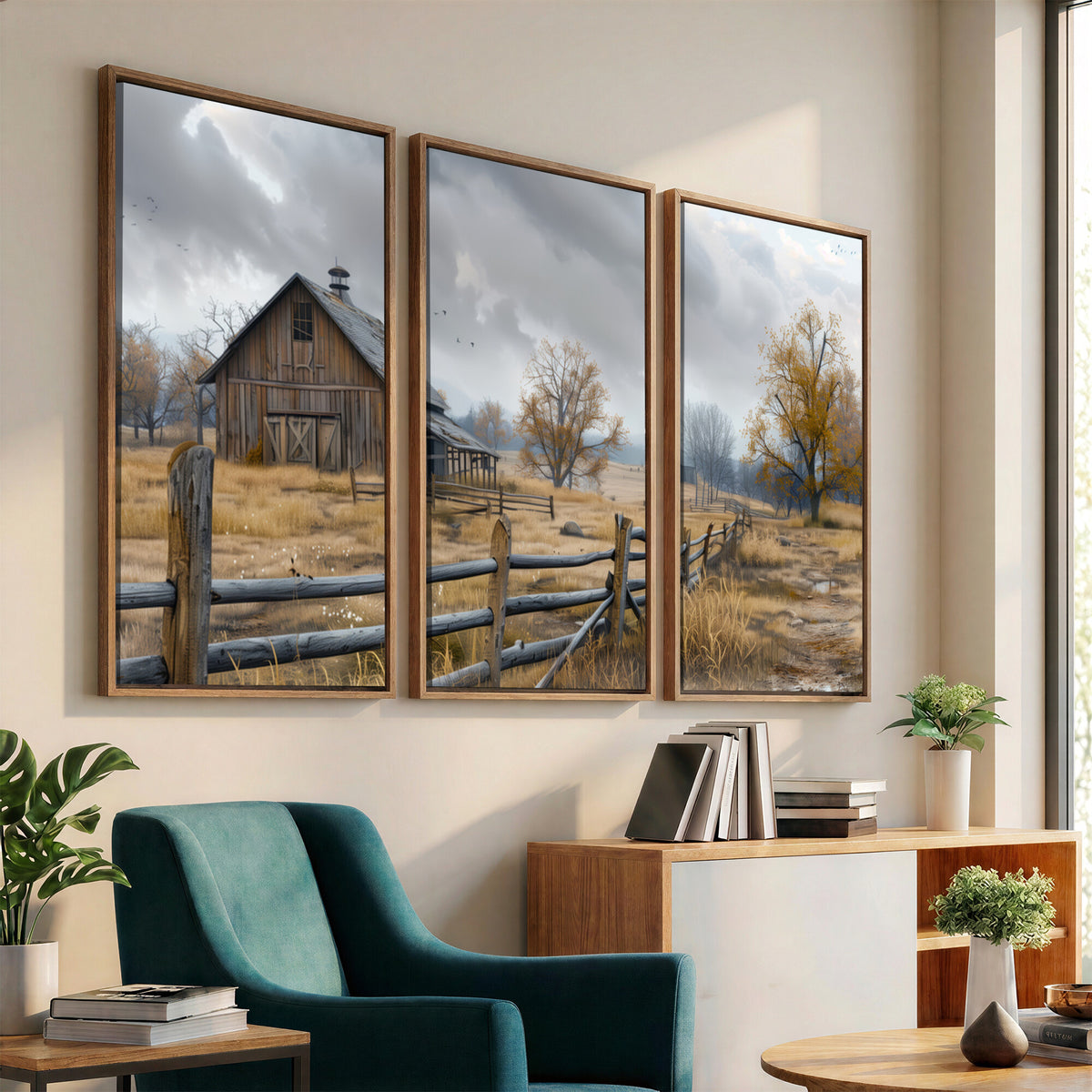 Farm1-MGV-CV-36X24 - Rustic Autumn Farmhouse Wall Art Canvas Print | Serene Countryside with Weathered Barn