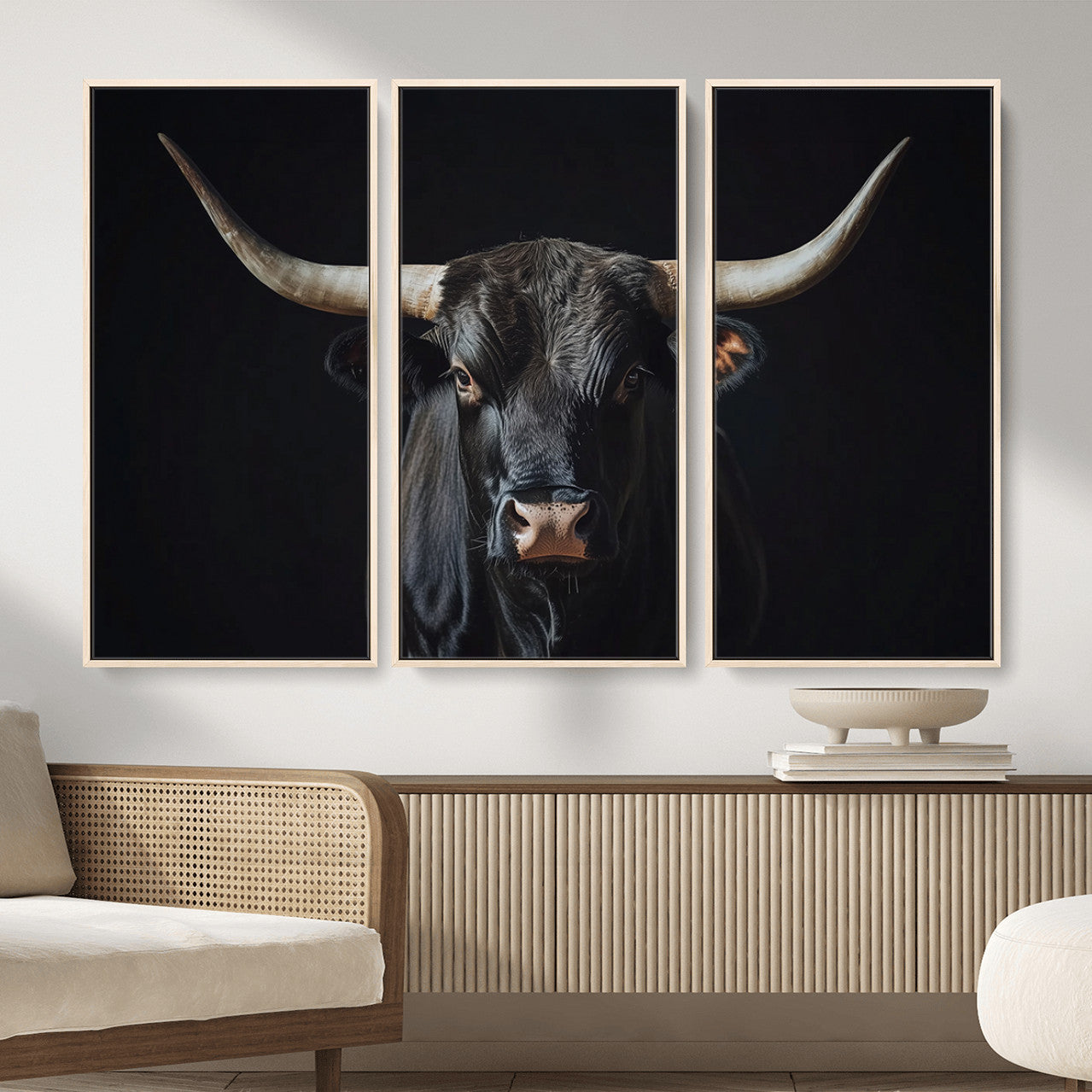 48065167-MGV-CV-36X24 - Texas Longhorn Bull Wall Art Canvas Print – Western Black Bull Art Print for Farmhouse Ranch Decor