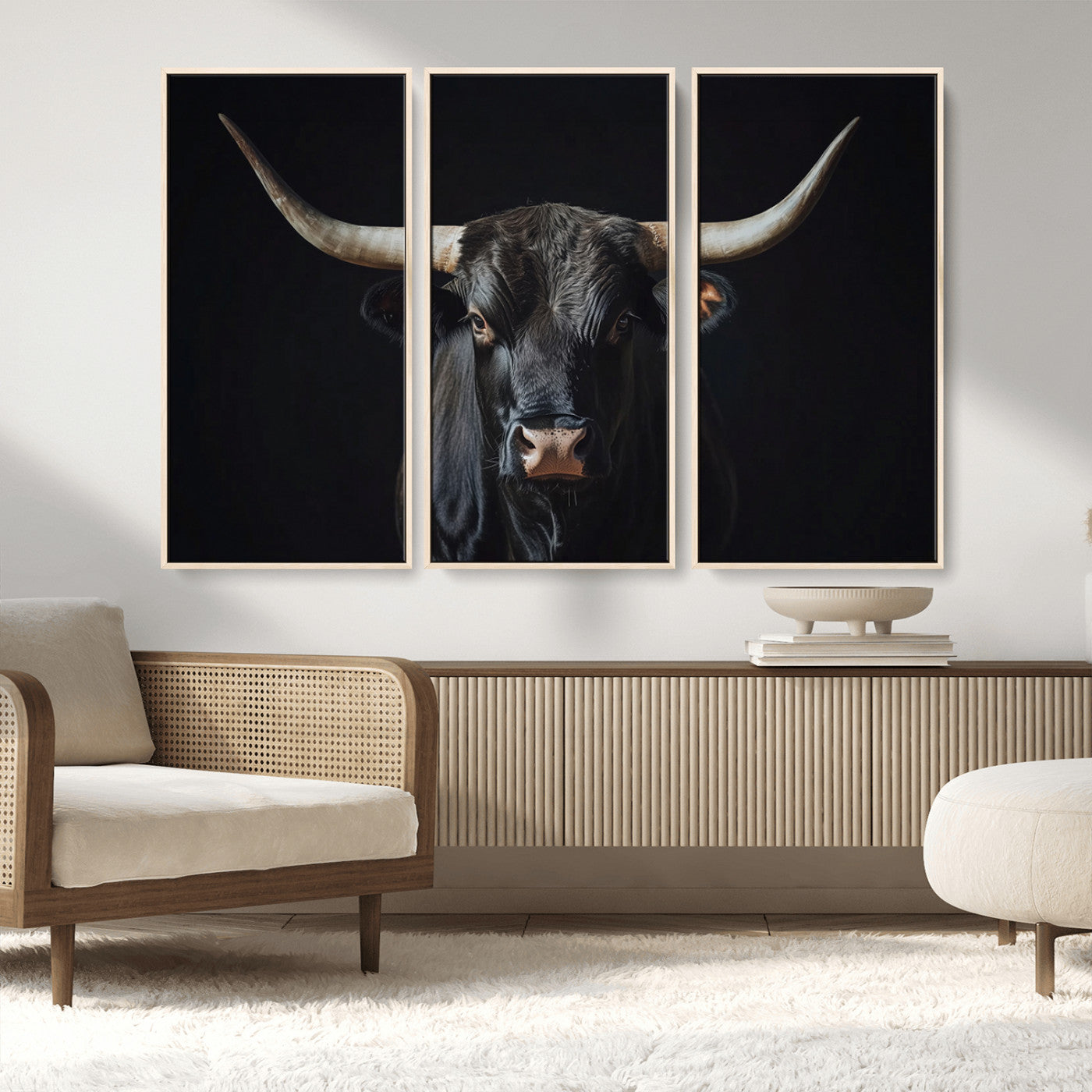 48065167-MGV-FC-48X32-3P_Natural-Majestic Longhorn Bull Wall Art Canvas Print – Dark Background Western Ranch Portrait Artwork for Home, Office