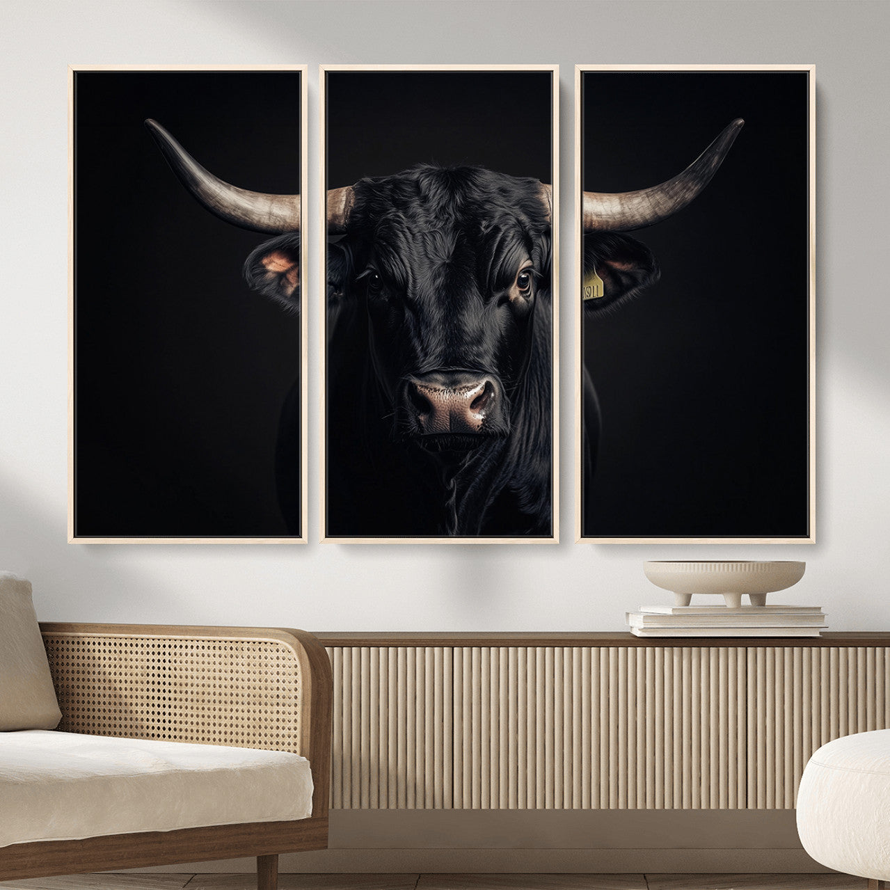 MGV-FC-48X32-3P - Black Bull Wall Art – Framed Horned Bull Canvas Artwork, Western Cattle Design, Rustic Ranch Style Decor for Home, Office