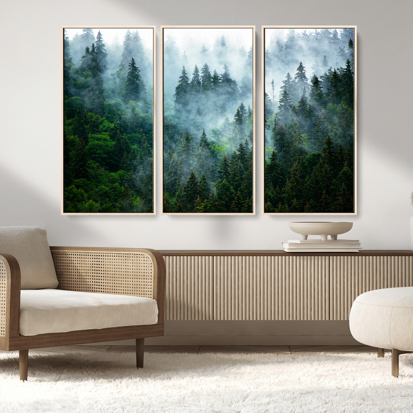 MGV-FC-48X32-3P - Misty Forest Art Wall Art Canvas Print, Framed Foggy Mountain Art Art Picture Print, Scenic Wall