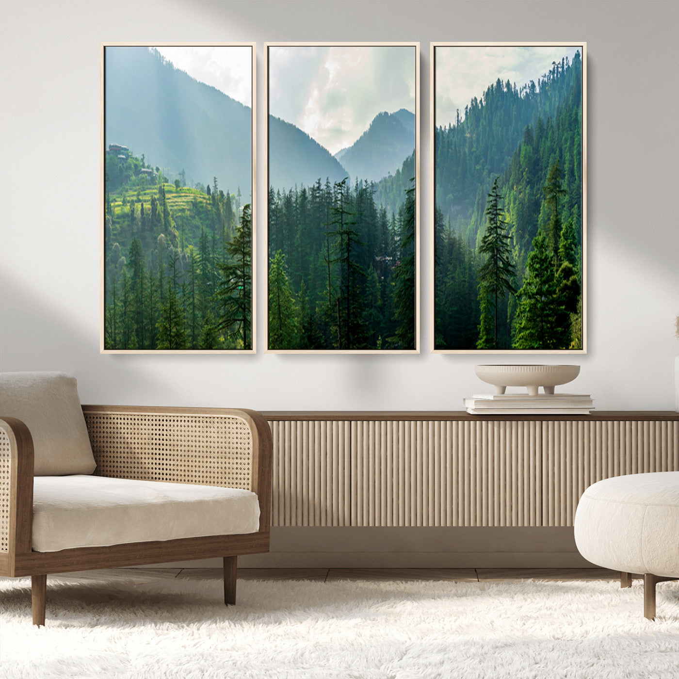 MGV-FC-48X32-3P - Misty Forest Mountain Canvas Print – Serene Nature Wall Art, Tranquil Valley