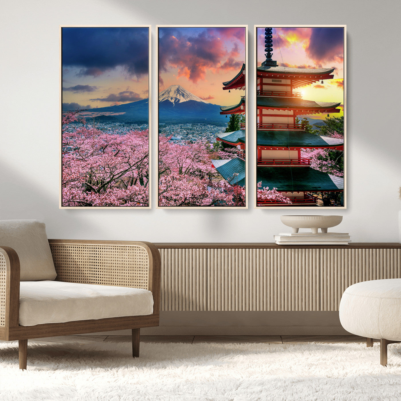 MGV-FC-48X32-3P - Mount Fuji & Cherry Blossom Wall Art Canvas Print – Iconic Japanese Landscape, Sakura Pagoda Sunset,
