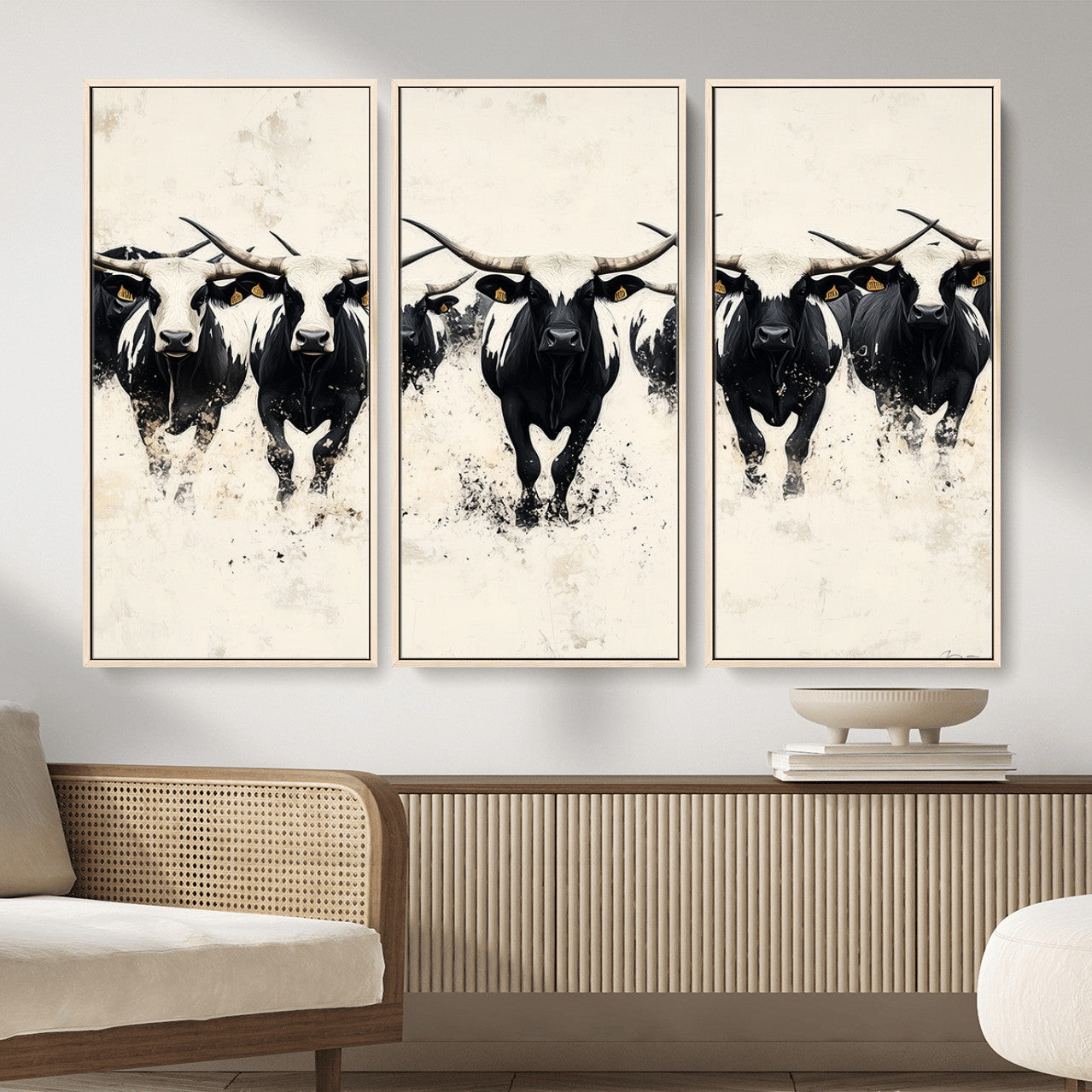 MGV-FC-48X32-3P - Longhorn Cattle Wall Art – Canvas Print of Herd in Motion, Symmetry and Ink Splatter, Minimalist Western Ranch, Bold Rustic Farm Decor