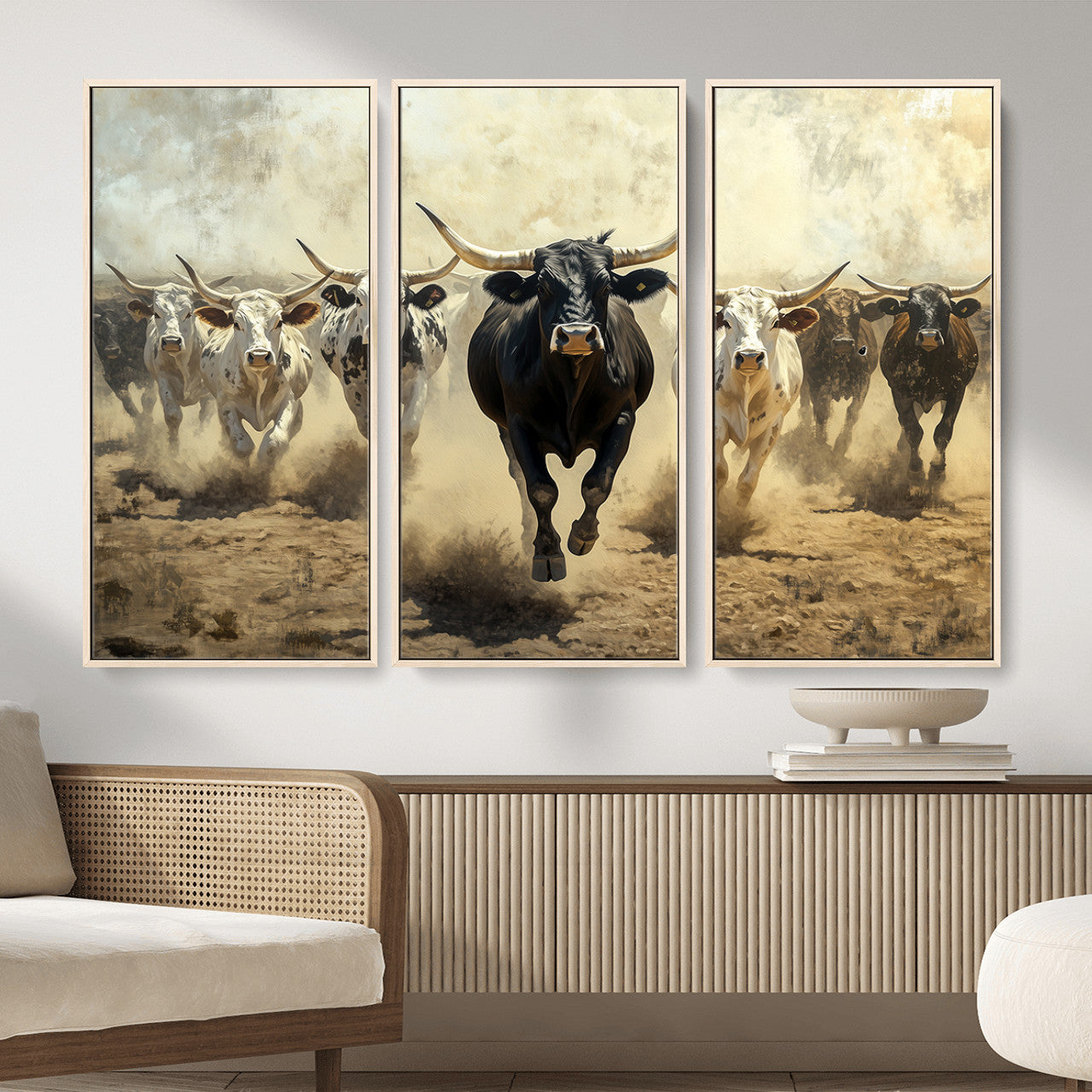 MGV-FC-48X32-3P - Running Cattle Wall Art – Canvas Print of Western Herd, Dust Stampede, Longhorns, Wild West Ranch, Bold Rustic Farm Decor for Home or Office