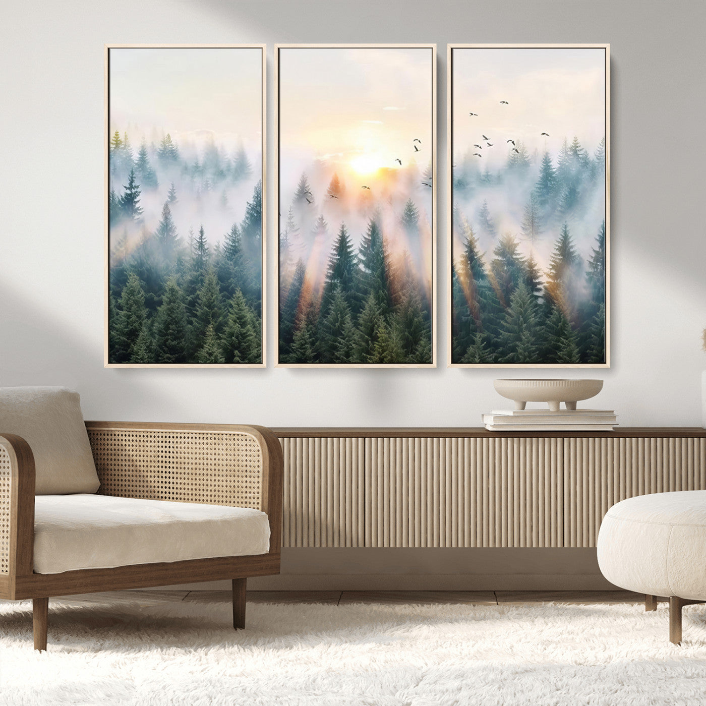 MGV-FC-48X32-3P - Misty Pine Forest Wall Art Canvas, Sunrise Over Foggy Trees Canvas for Home - Office, Framed