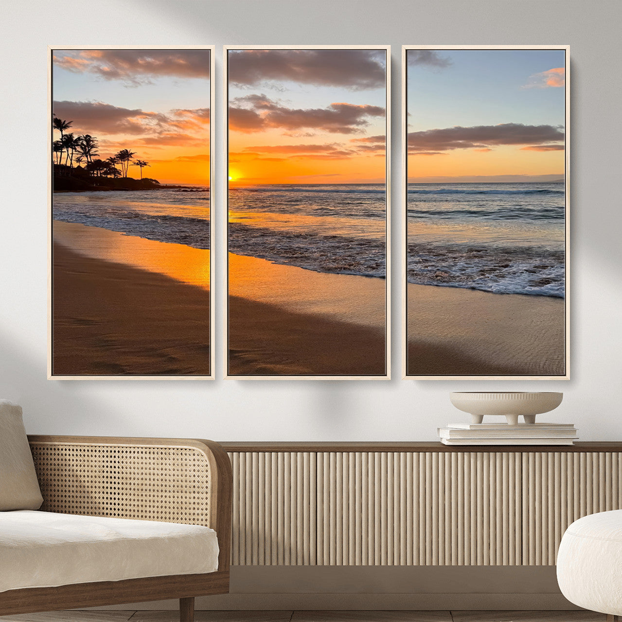 MGV-FC-48X32-3P - Sunset Glow Wall Art – Canvas Print of Ocean Breeze, Golden Sand, Tropical Palm Silhouettes, Tranquil Waves, Beach Nature Decor for Home