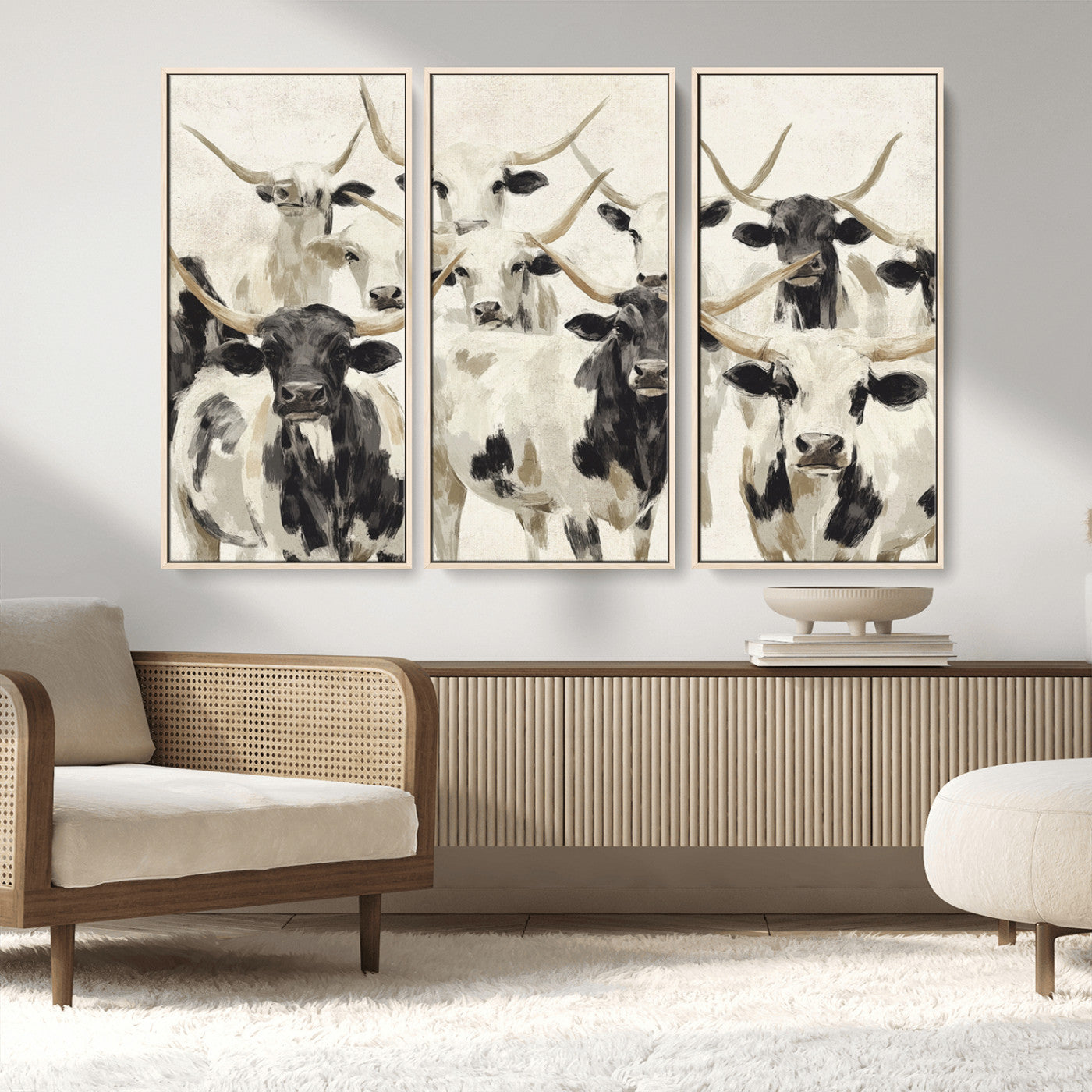 MGV-FC-48X32-3P - Longhorn Texas Cow Drawing Abstract Wall Art Canvas Print for Farmhouse Decor, Texas Bull Printing