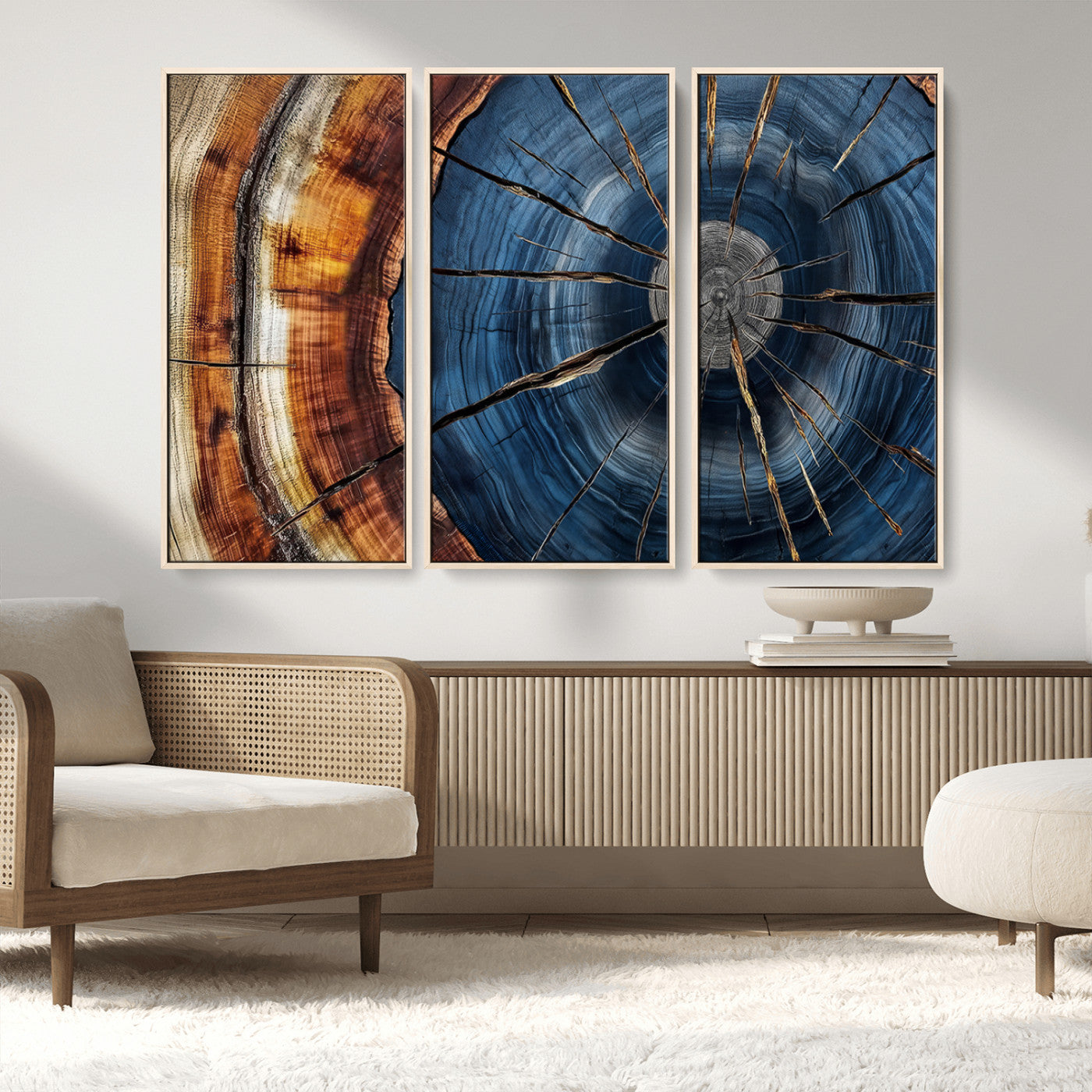 MGV-FC-48X32-3P - Framed Abstract Tree Ring Wall Art Print, Natural Rustic Wood Texture Canvas Print, Wood Tree Stump