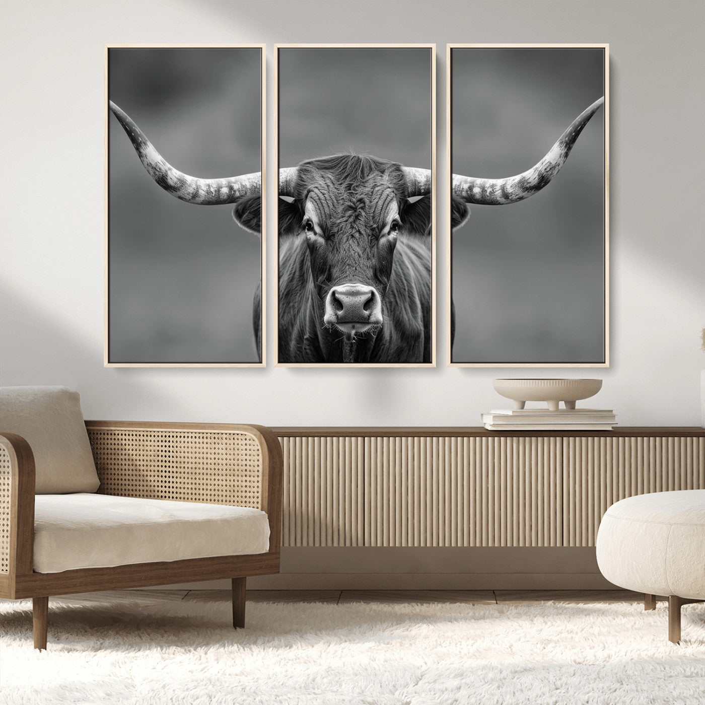 MGV-FC-48X32-3P - Framed Texas Longhorn Bull Art Canvas Print, Western Bull Wall Art Print, Long Horn Bull Photo Print