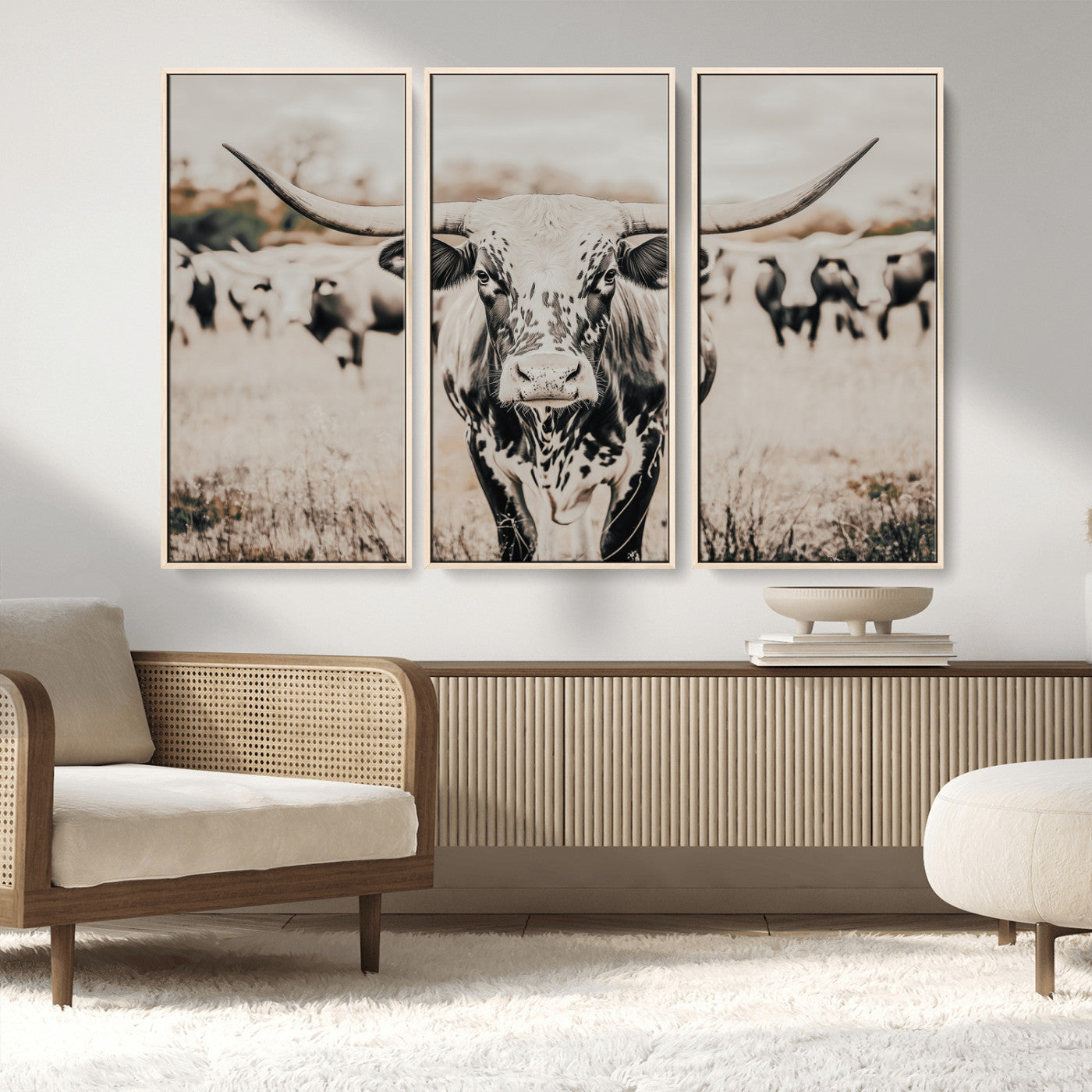 MGV-FC-48X32-3P - Texas Longhorn Wall Art Canvas Print, Framed Speckled Cow Art Picture Print, Horned Cattle Perfect Rustic Western Decor Artwork