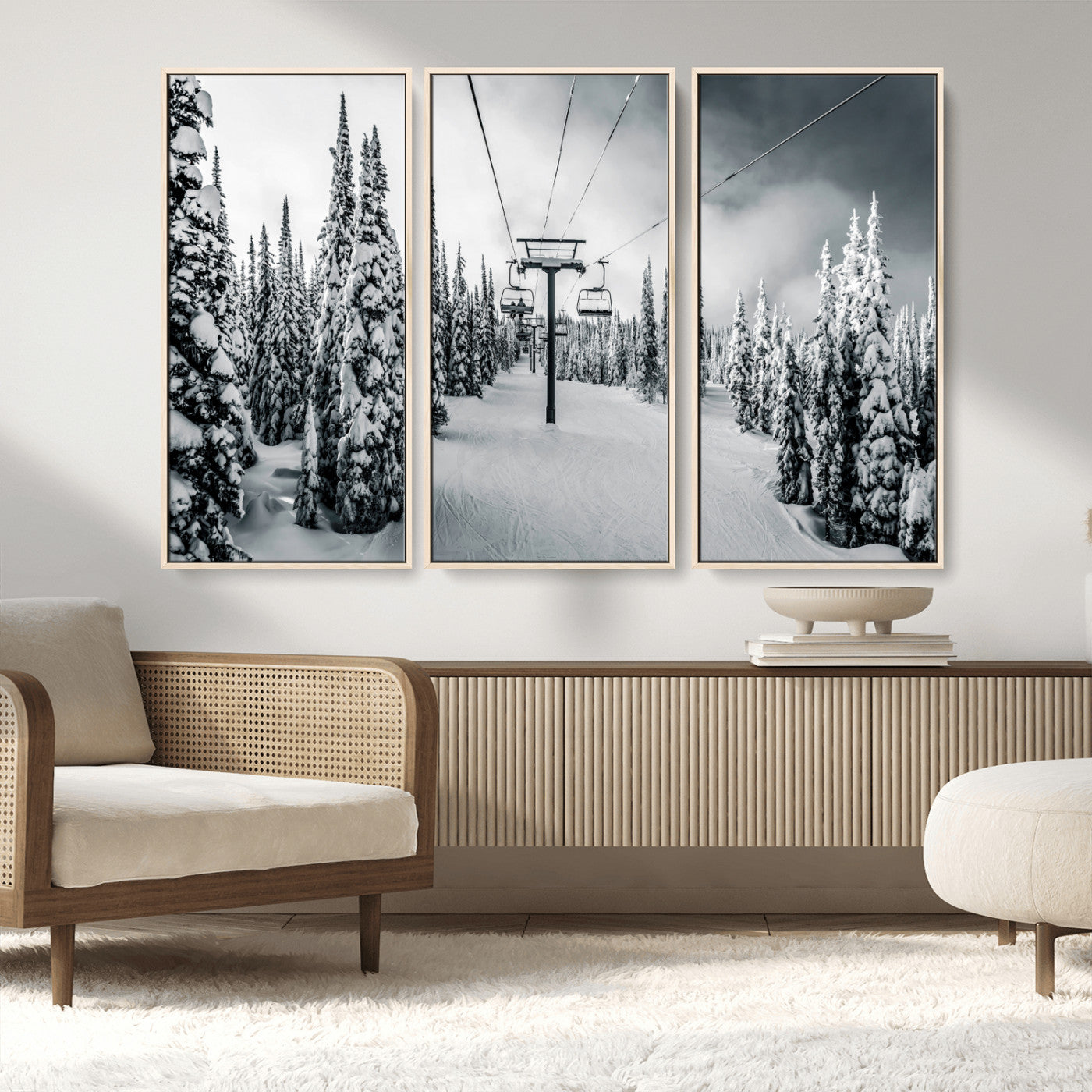 MGV-FC-48X32-3P - Snowy Pines Wall Art Canvas Print, Framed Ski Lift Art Picture Print, Winter Forest Perfect Moody Lodge Decor Artwork