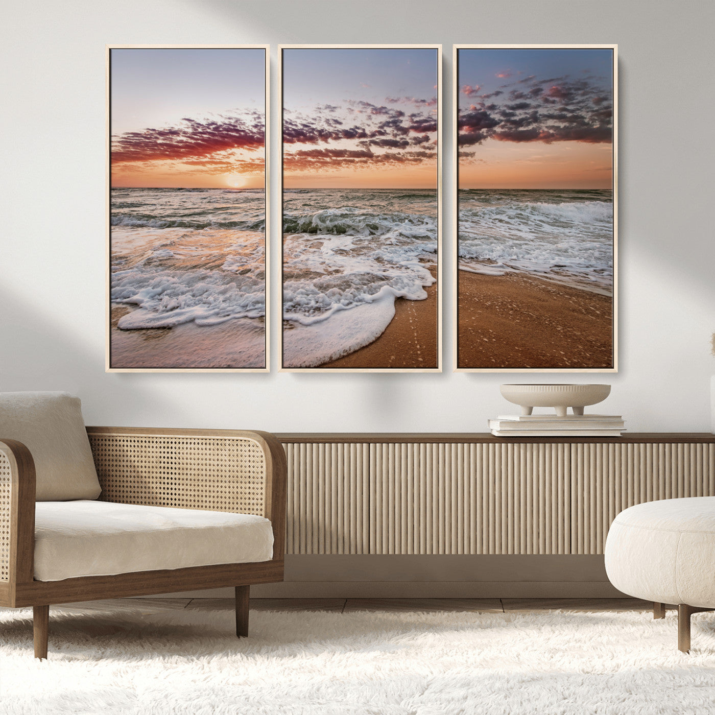 MGV-FC-48X32-3P - Ocean Sunset Wall Art Canvas Print, Framed Sandy Shore Art Picture Print, Gentle Waves Perfect Minimalist Coastal Decor Artwork
