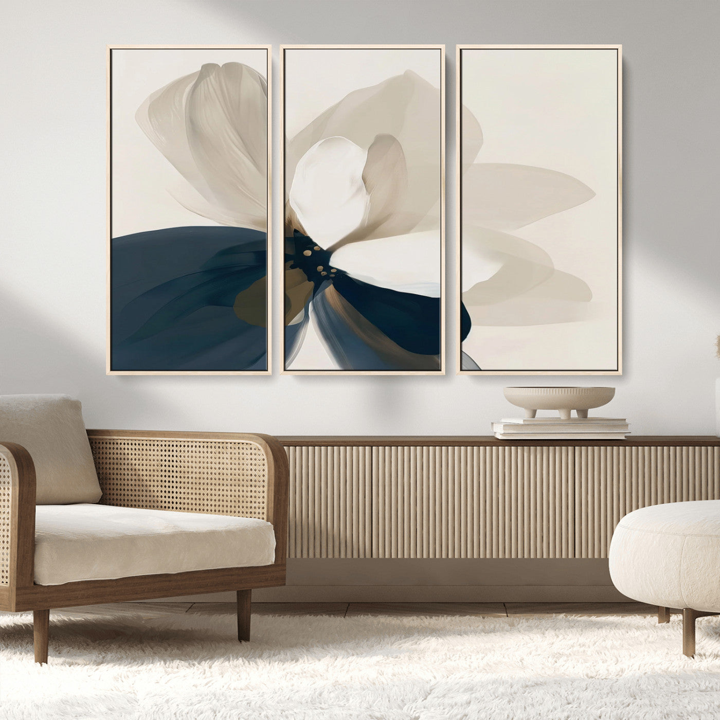 MGV-FC-48X32-3P - Minimal Flower Wall Art Canvas Print, Framed Flower Drawing Art Picture Print, Beige Bloom Perfect Modern Botanical Decor Artwork