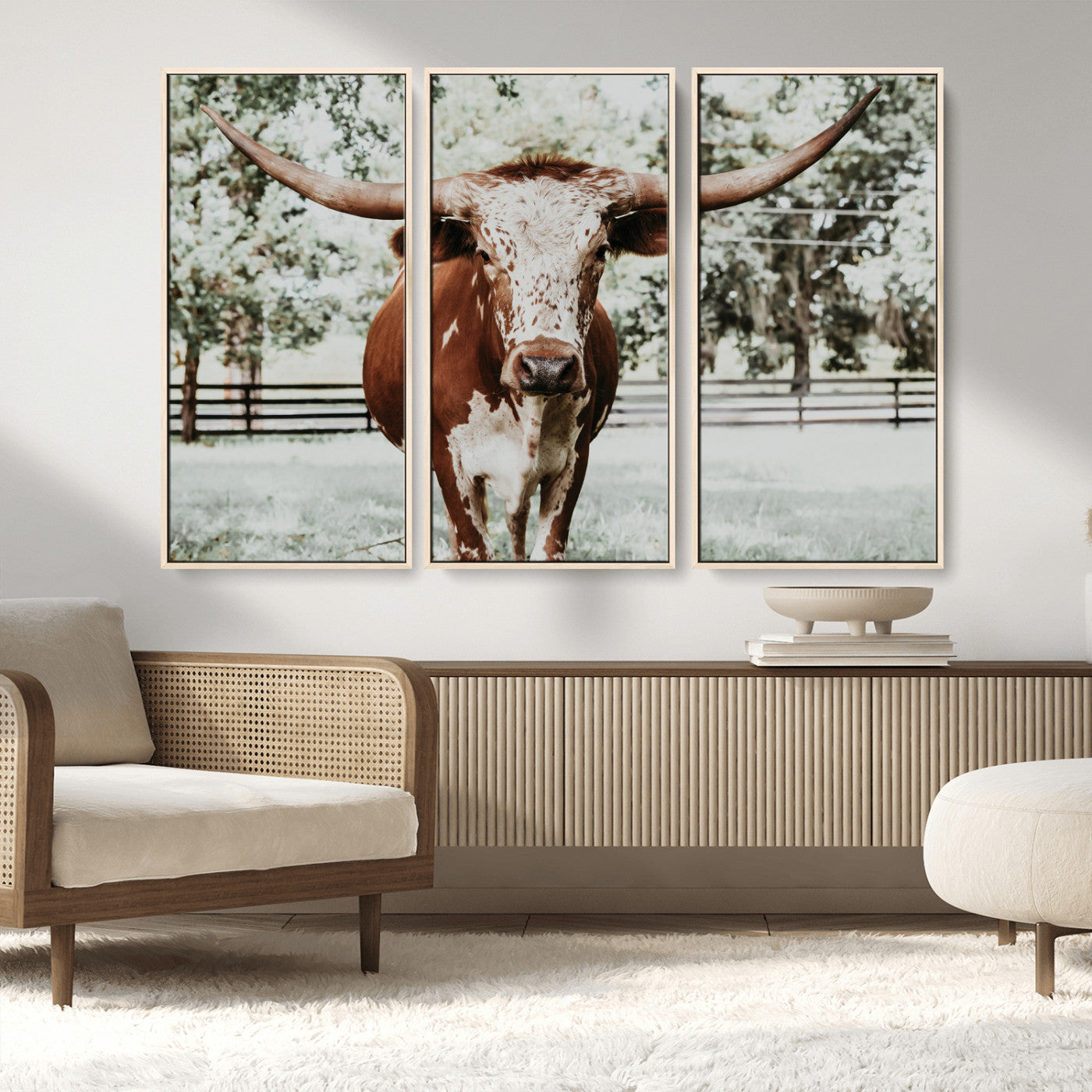 MGV-FC-48X32-3P - Texas Longhorn Wall Art Canvas Print, Framed Spotted Cow Art Picture Print, Horned Cattle Perfect Rustic Western Decor Artwork