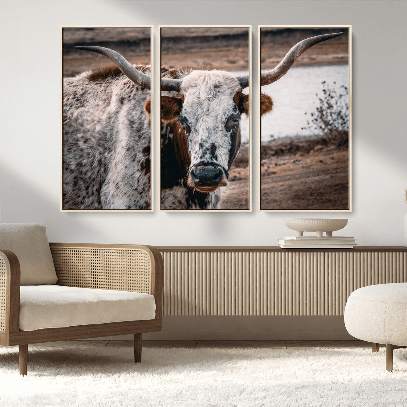MGV-FC-48X32-3P - Texas Longhorn Wall Art Canvas Print, Framed Spotted Cow Art Picture Print, Horned Cattle Perfect Rustic Western Decor Artwork