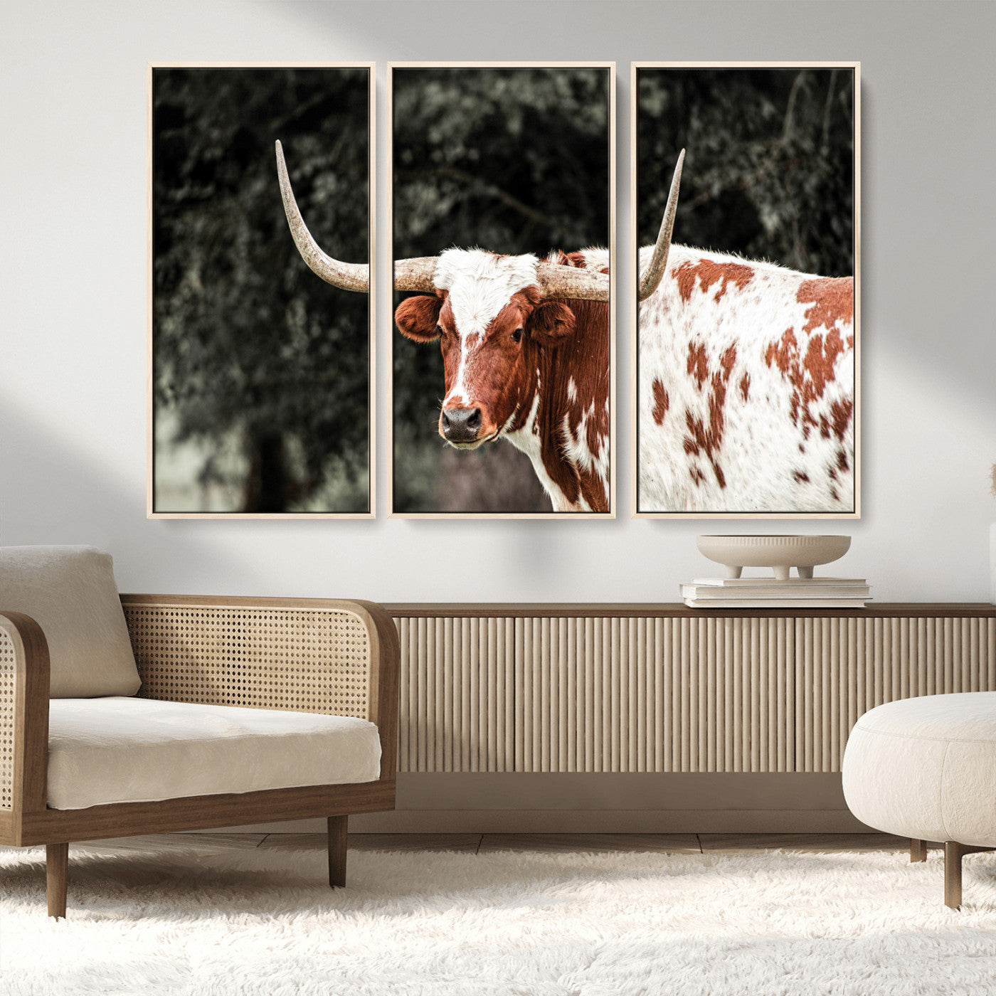 MGV-FC-48X32-3P - Texas Longhorn Wall Art Canvas Print, Framed Spotted Cow Art Picture Print, Horned Bull Perfect Rustic Western Decor Artwork