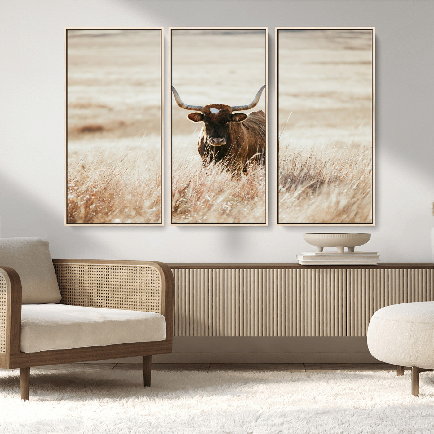 MGV-FC-48X32-3P - Texas Longhorn Wall Art Canvas Print, Framed Brown Cattle Art Picture Print, Horned Bull Perfect Rustic Western Decor Artwork