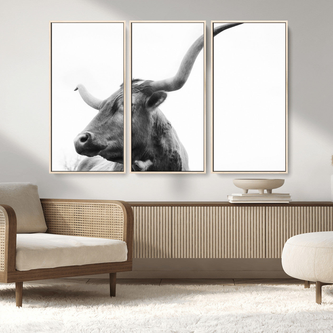 MGV-FC-48X32-3P - Longhorn Wall Art Wall Art Canvas Print, Framed Modern Ranch Style Art Art Picture Print, Monochrome Cow Print Perfect Rustic Western Decor Artwork