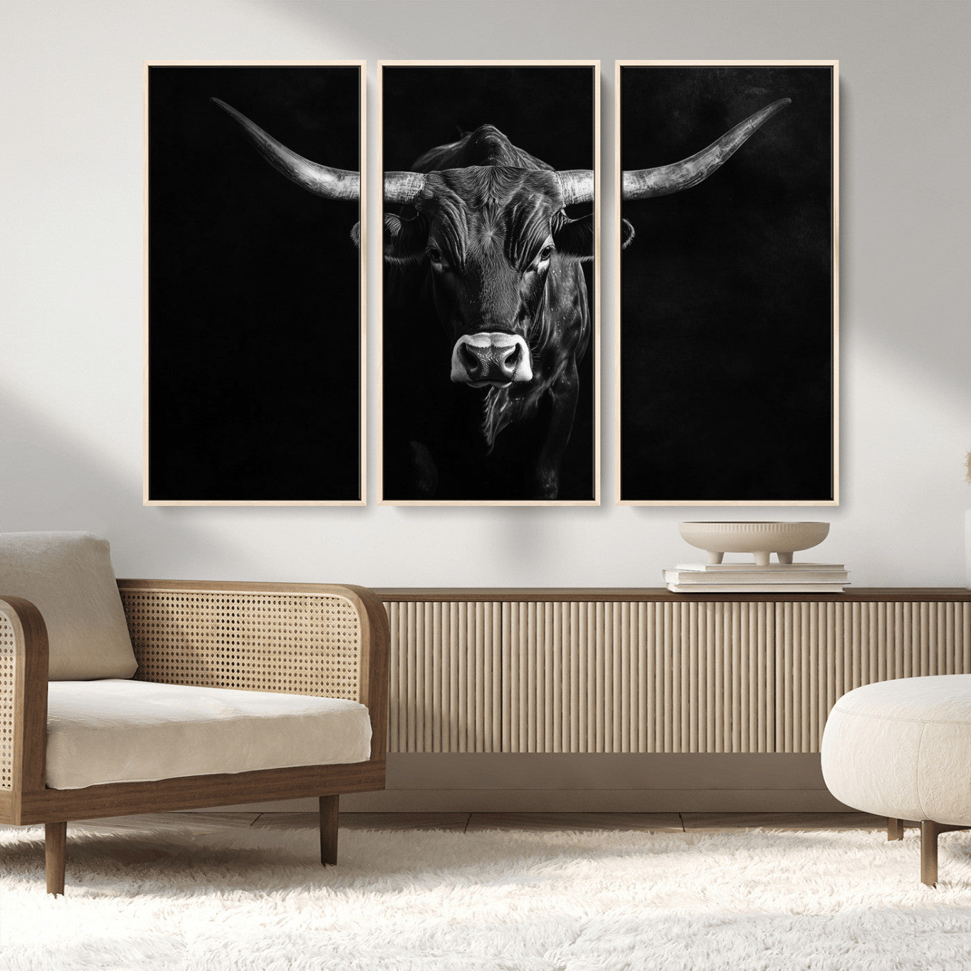 MGV-FC-48X32-3P - Texas Longhorn Wall Art Canvas Print, Framed Monochrome Bull Art Picture Print, Horned Bull Perfect Rustic Western Decor Artwork