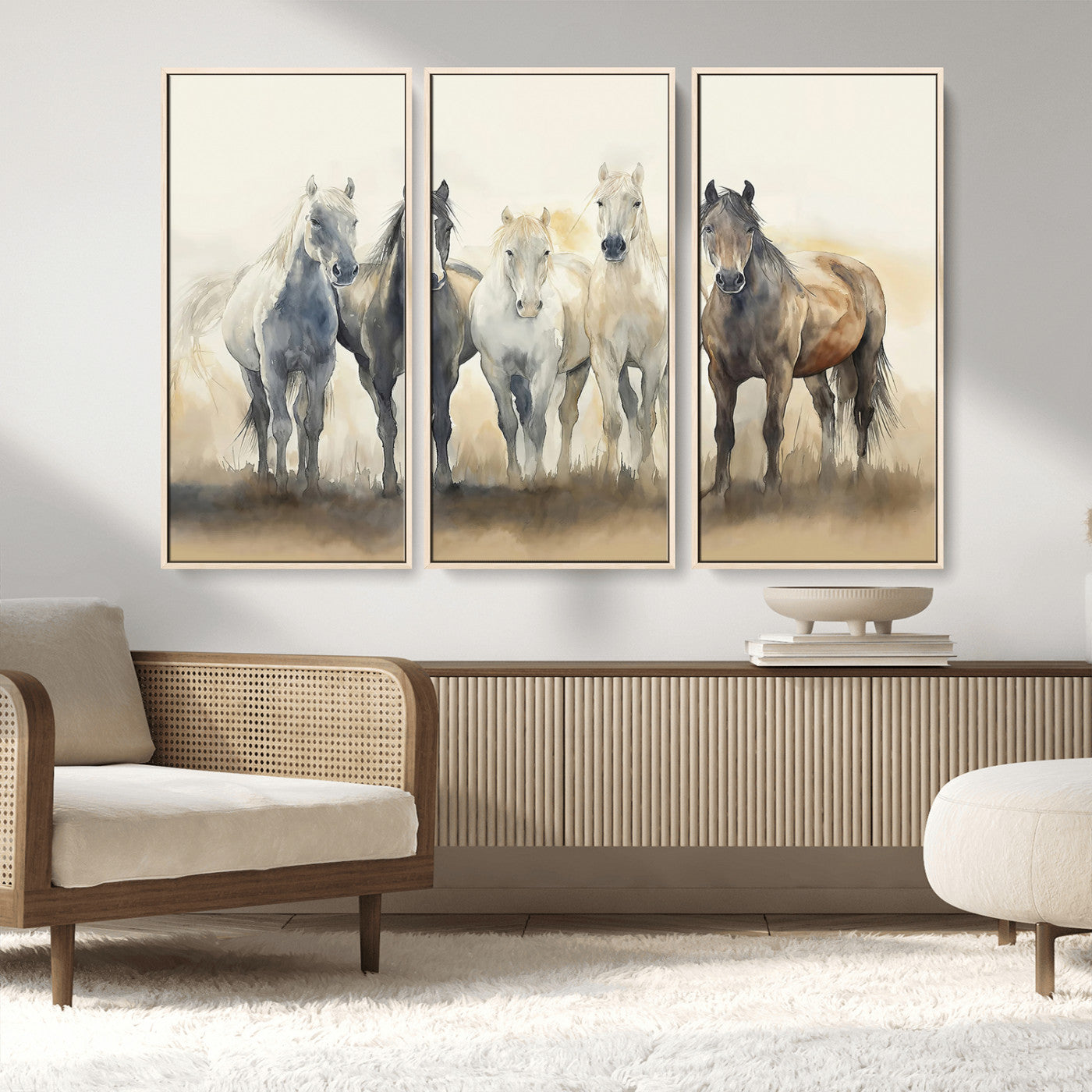 MGV-FC-48X32-3P - Wild Horses Wall Art Canvas Print, Framed Running Horses Art Picture Print, Watercolor Horses Perfect Rustic Western Decor Artwork