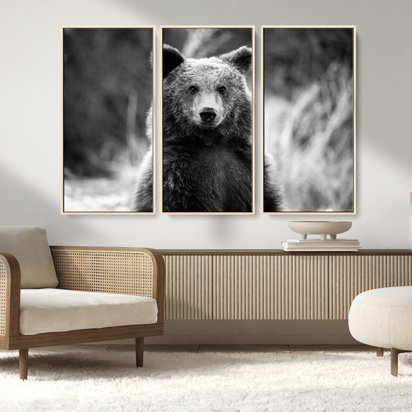 MGV-FC-48X32-3P - Grizzly Bear Wall Art Canvas Print, Framed Black White Bear Art Picture Print, Wild Bear Perfect Rustic Wildlife Decor Artwork