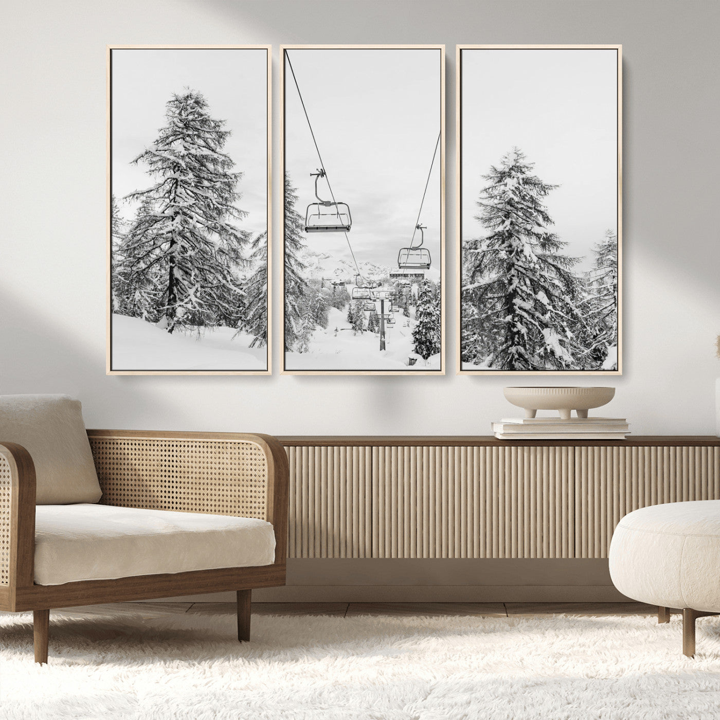 MGV-FC-48X32-3P - Wall Art Canvas Print Winter Chairlift Views Silent Snow-Covered Pines Mountain Calm Serenity Frozen