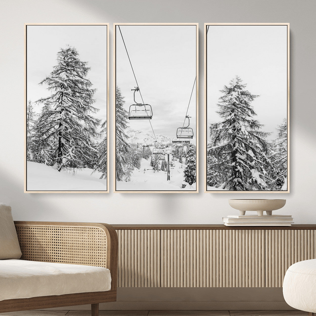 55003599-MGV-CV-36X24 - Snowy Ski Lift Wall Art – Framed Winter Forest Canvas Artwork, Peaceful Mountain Design, Modern Nature Decor for Home, Office