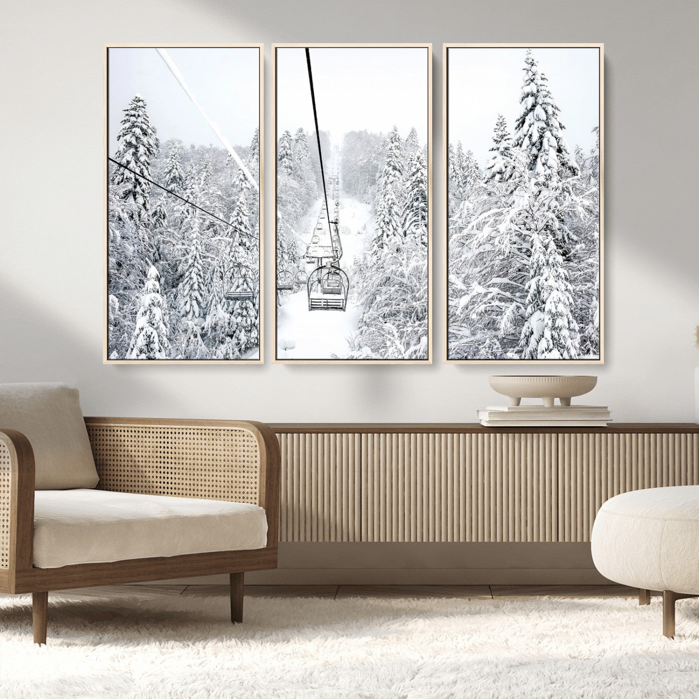 MGV-FC-48X32-3P - Snowy Mountains Wall Art Canvas Print, Framed Ski Lift Art Picture Print, Winter Forest Perfect