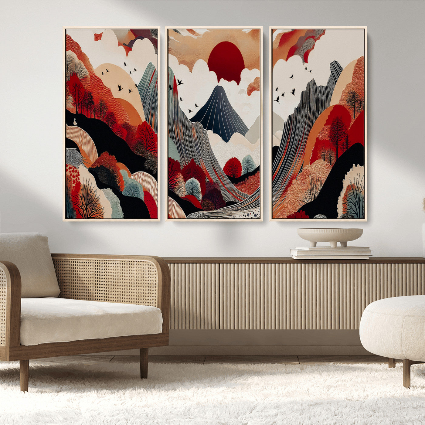 MGV-FC-48X32-3P - Abstract Mountain Wall Art Canvas Print, Framed Vibrant Landscape Art Picture Print, Stylized Nature Drawing Perfect Contemporary Minimalist Decor Artwork
