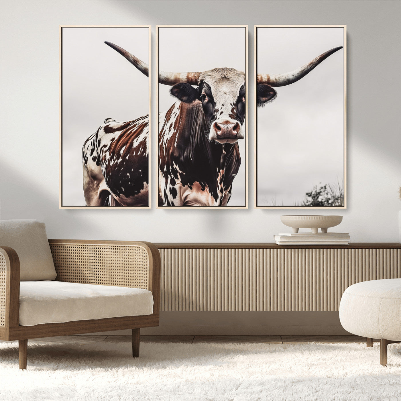 Close-up of a Texas Longhorn bull with powerful horns, perfect for rustic farmhouse or country-themed home decor. Ideal for animal lovers.