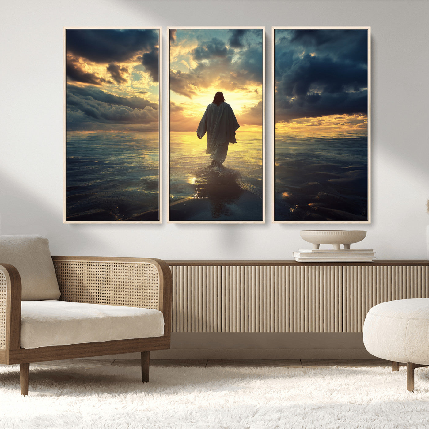 MGV-FC-48X32-3P - Jesus Walks Wall Art Canvas Print, Framed Divine Sunset Art Picture Print, Spiritual Light Perfect Spiritual Tranquil Decor Artwork